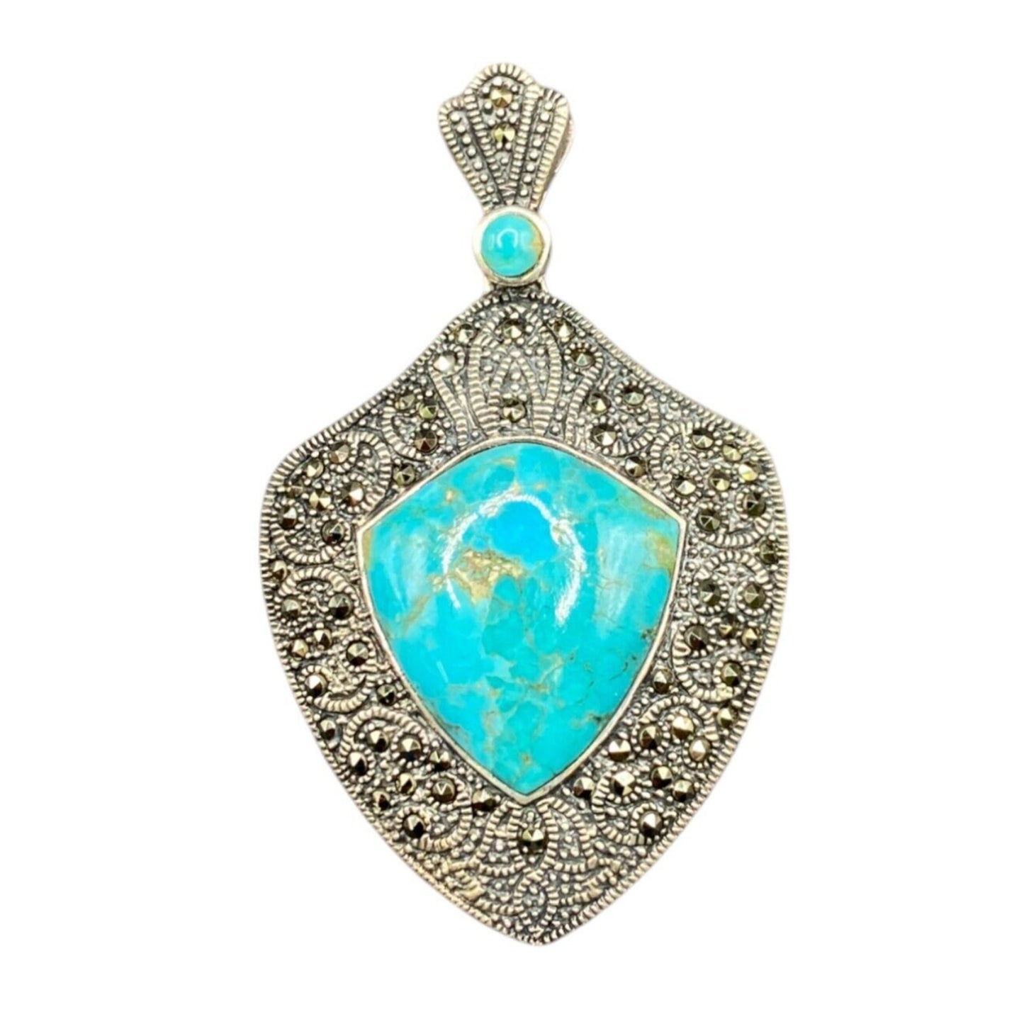 Turquoise Pendant Marcasite Ornament Sterling Silver Thailand Stamped