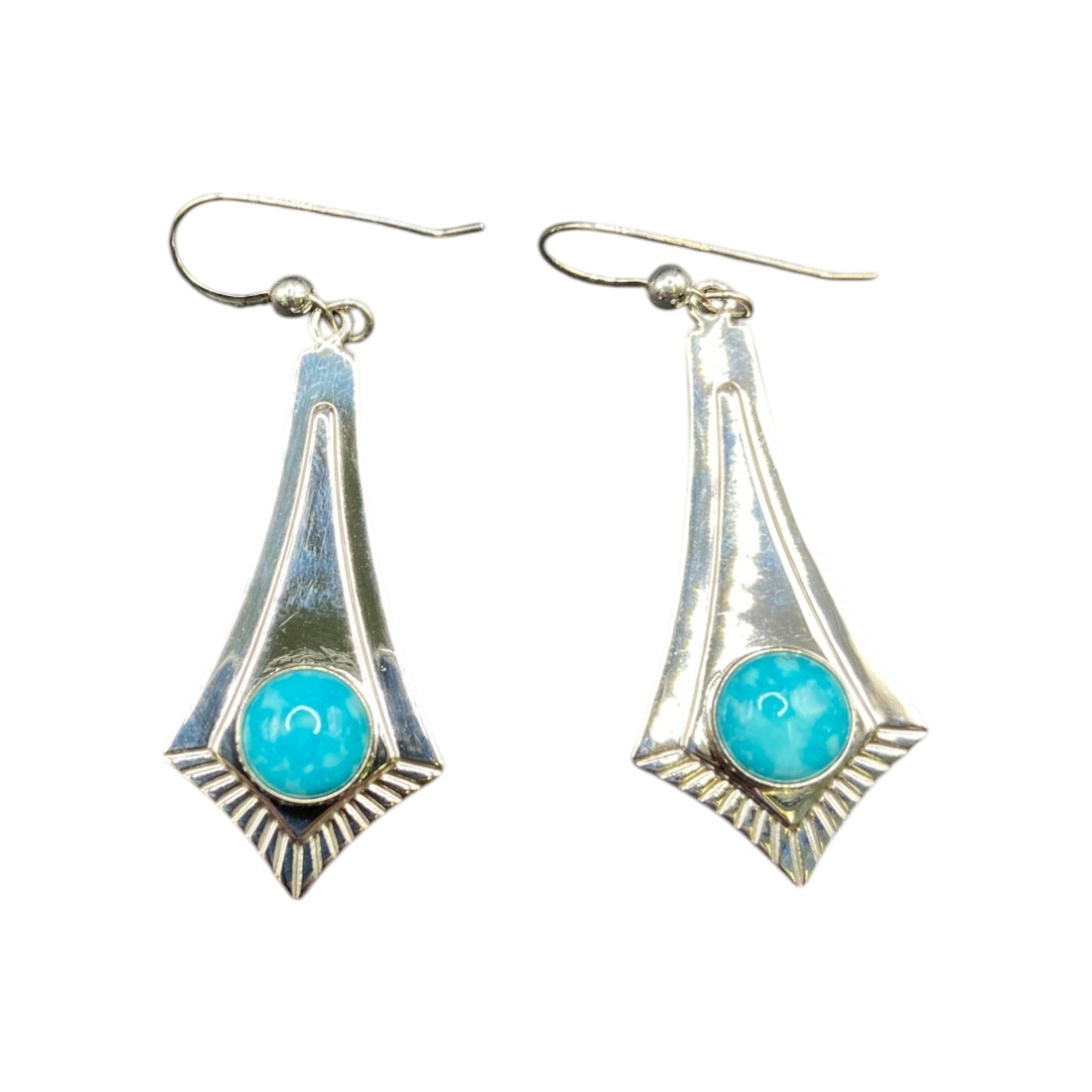 Turquoise Fish Hook Dangle Earrings Round Gemstone Silver Tone Metal