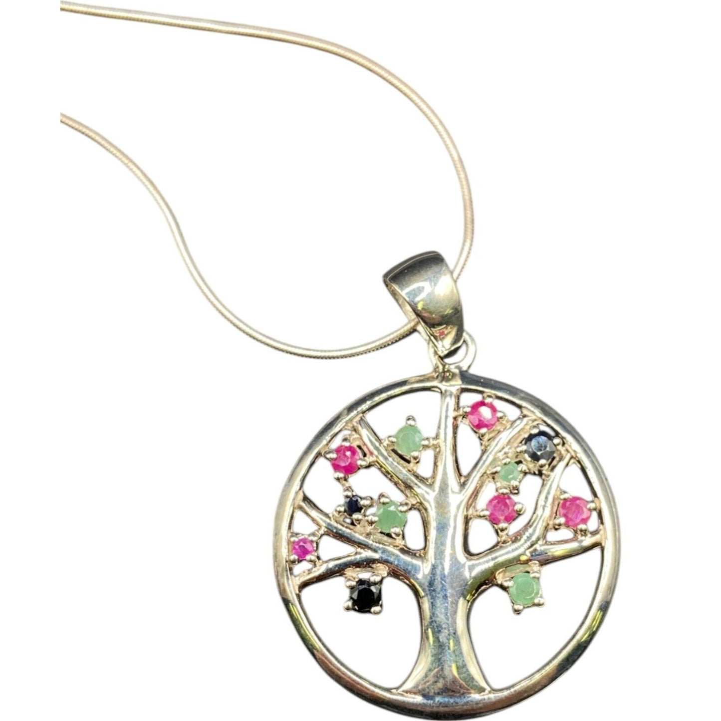 Tree Of Life Pendant Multicolor Stones Snake Chain Necklace 925 Sterling Silver