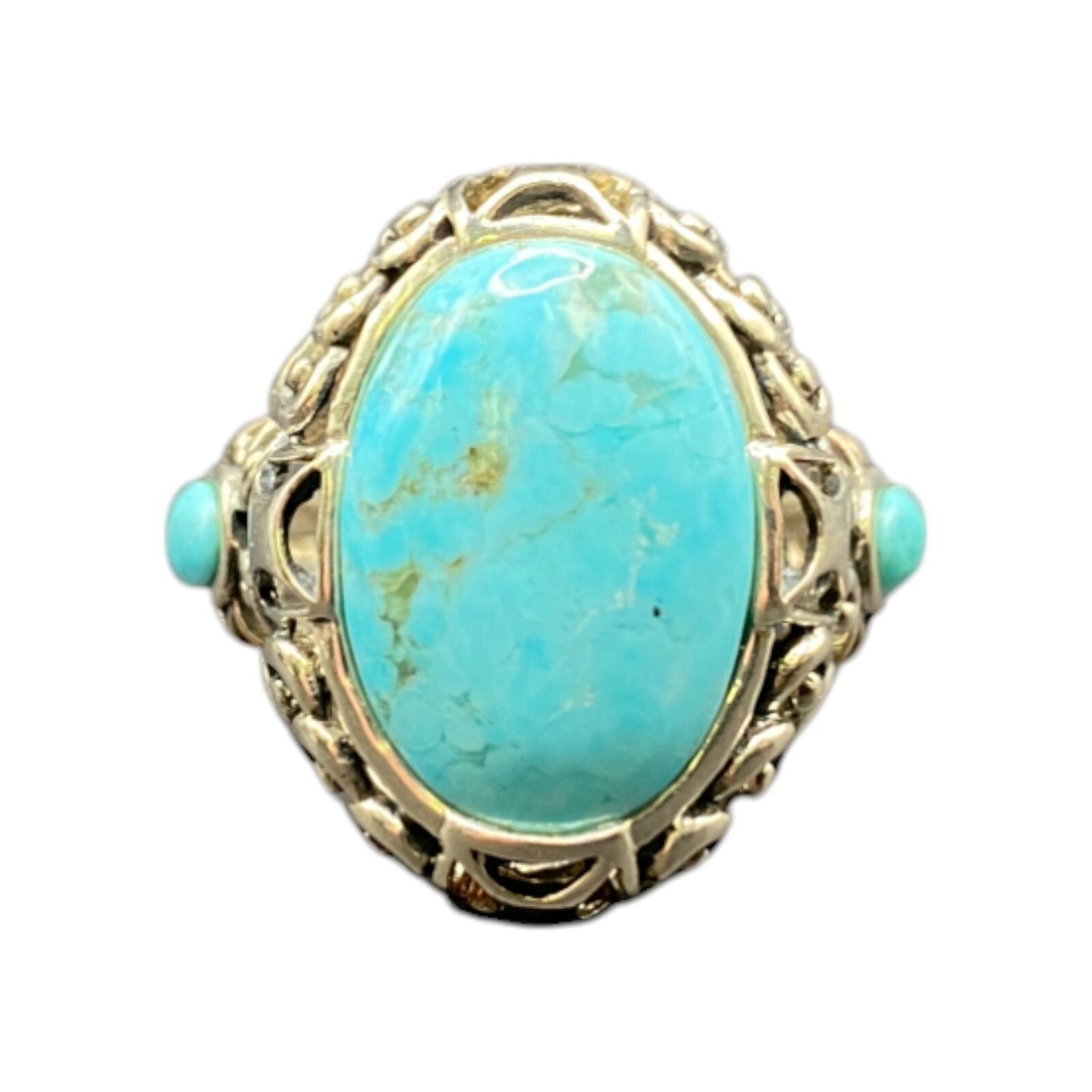 Turquoise Ring Sterling Silver NK Oval Ornate Semi Precious Stone Blue 7.75