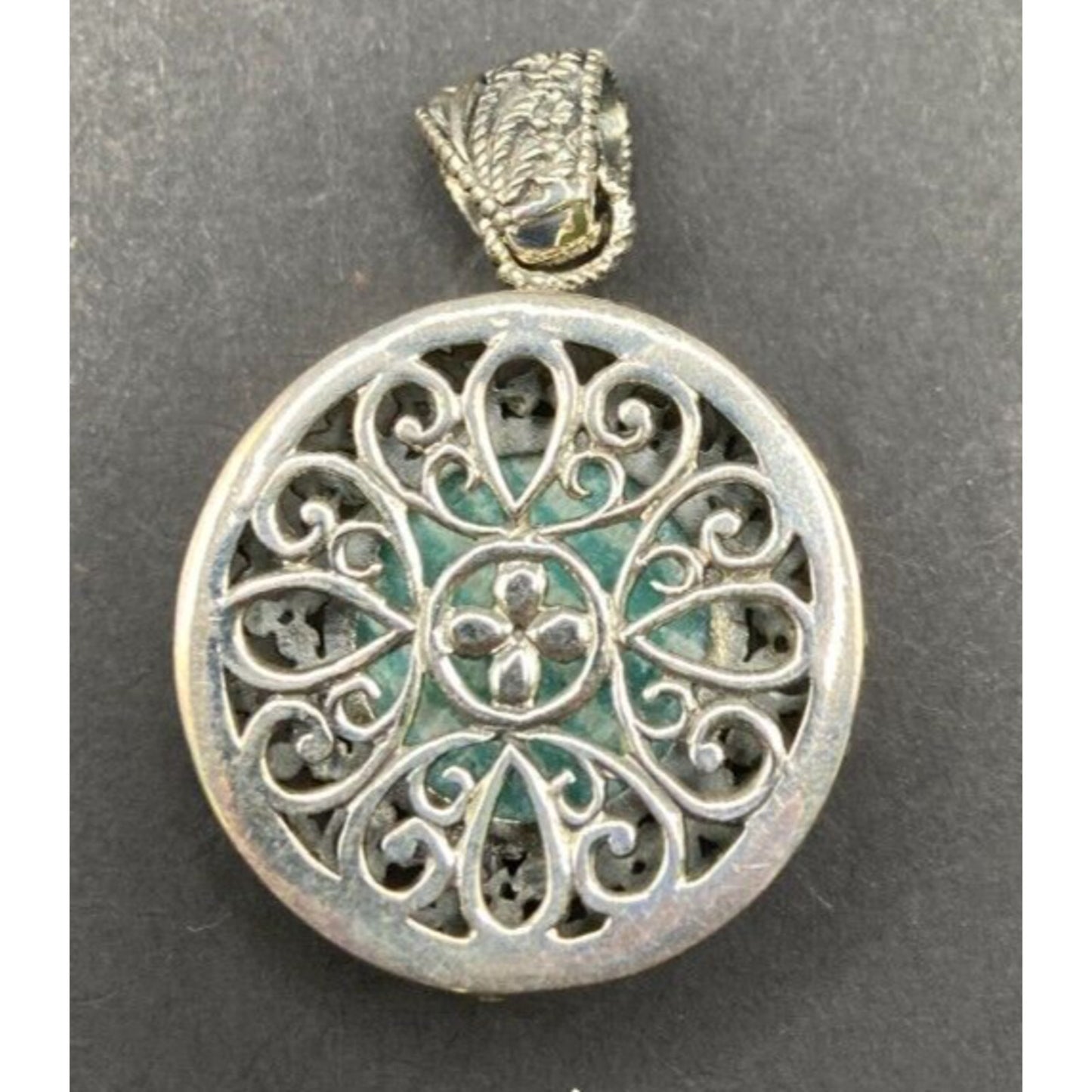 Amazonite Crystal Stone Pendant Round Cabochon Shaped Silver Tone Metal Filigree