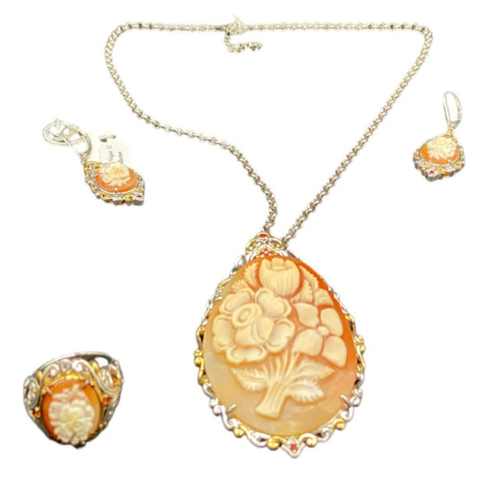 Gems En Vogue II Jewelry Set Italian Shell Cameo Flower Necklace Earrings Ring