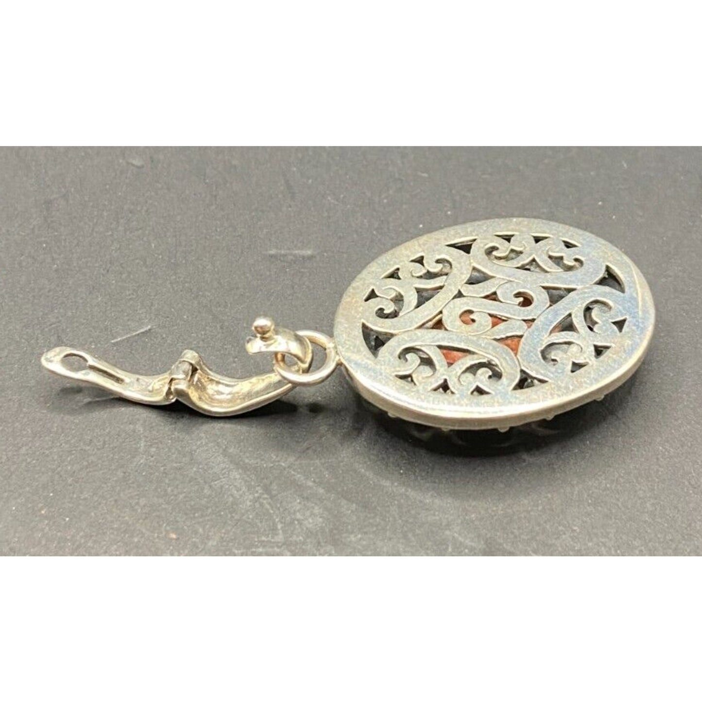 Spiny Oyster Oval Shaped Pendant Orange Gemstone 925 Sterling Silver Filigree