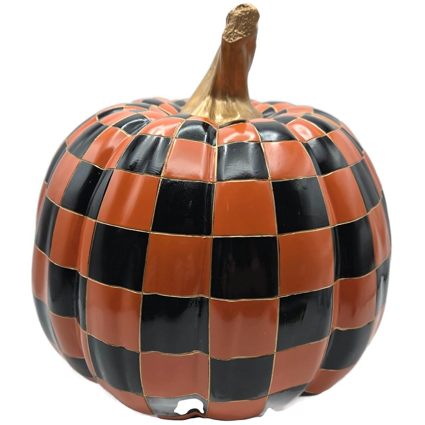 MacKenzie Childs Courtly Check Halloween Pumpkin Large Orange Black w/ Gold Stem