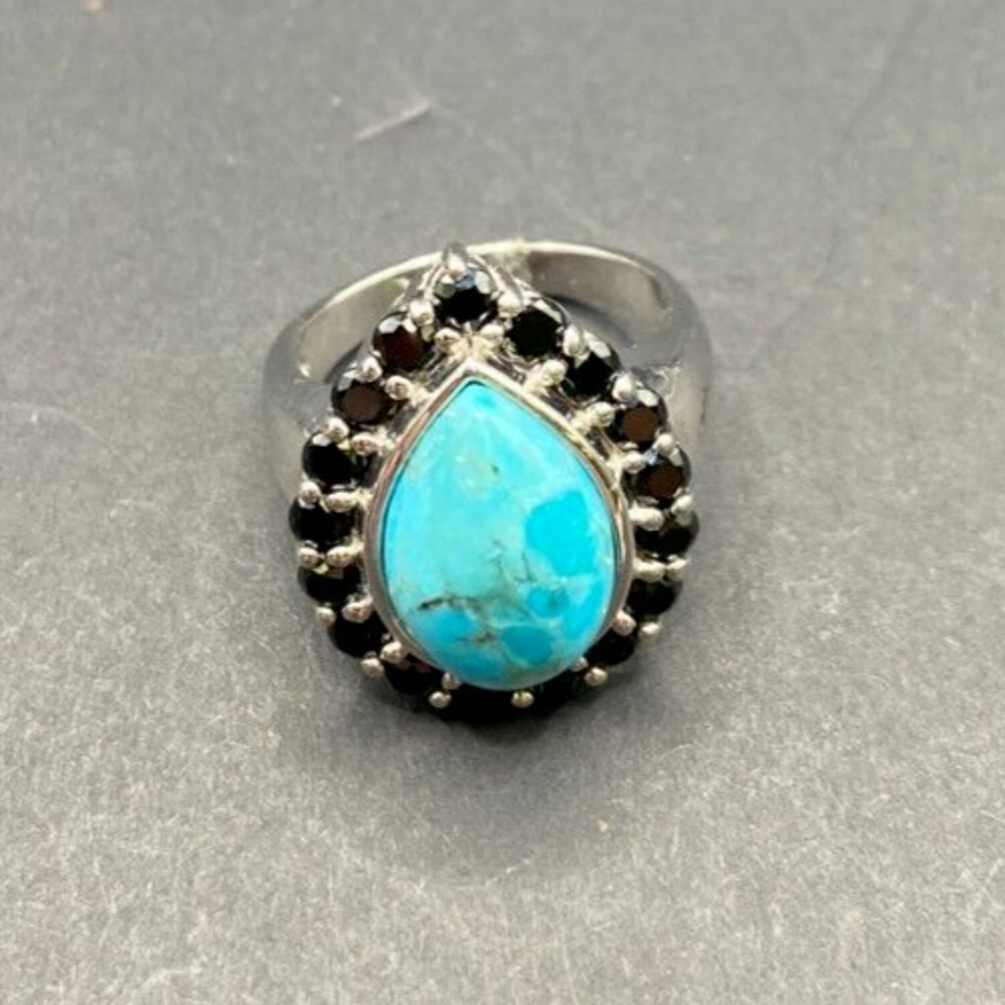 Turquoise Ring Teardrop Gemstone Black Rhinestone 925 Sterling Silver Size 7.5