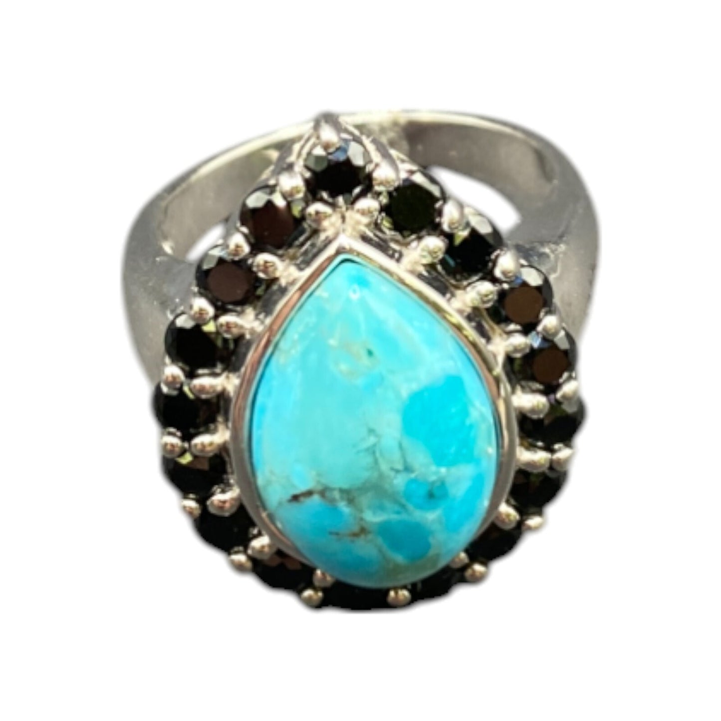 Turquoise Ring Teardrop Gemstone Black Rhinestone 925 Sterling Silver Size 7.5