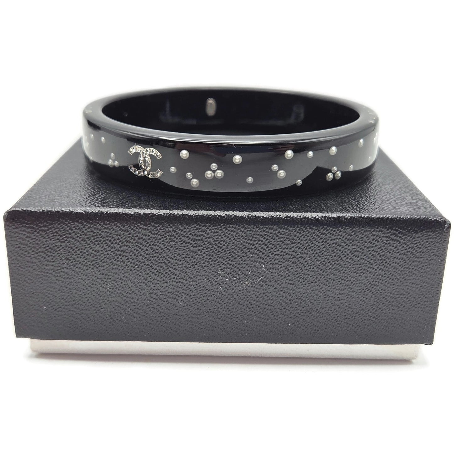 Chanel Black Resin Faux Pearl Crystal CC Logo Details Bangle Bracelet Jewelry
