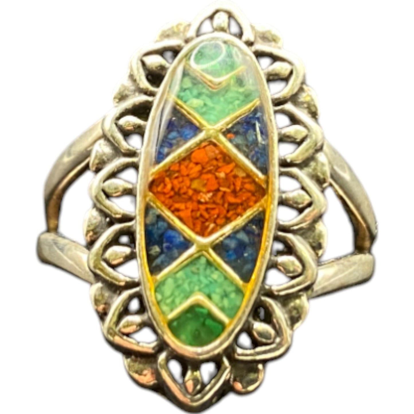 Carolyn Pollack 925 Sterling Silver Ring Oval Mosaic Multistone Chips Size 8