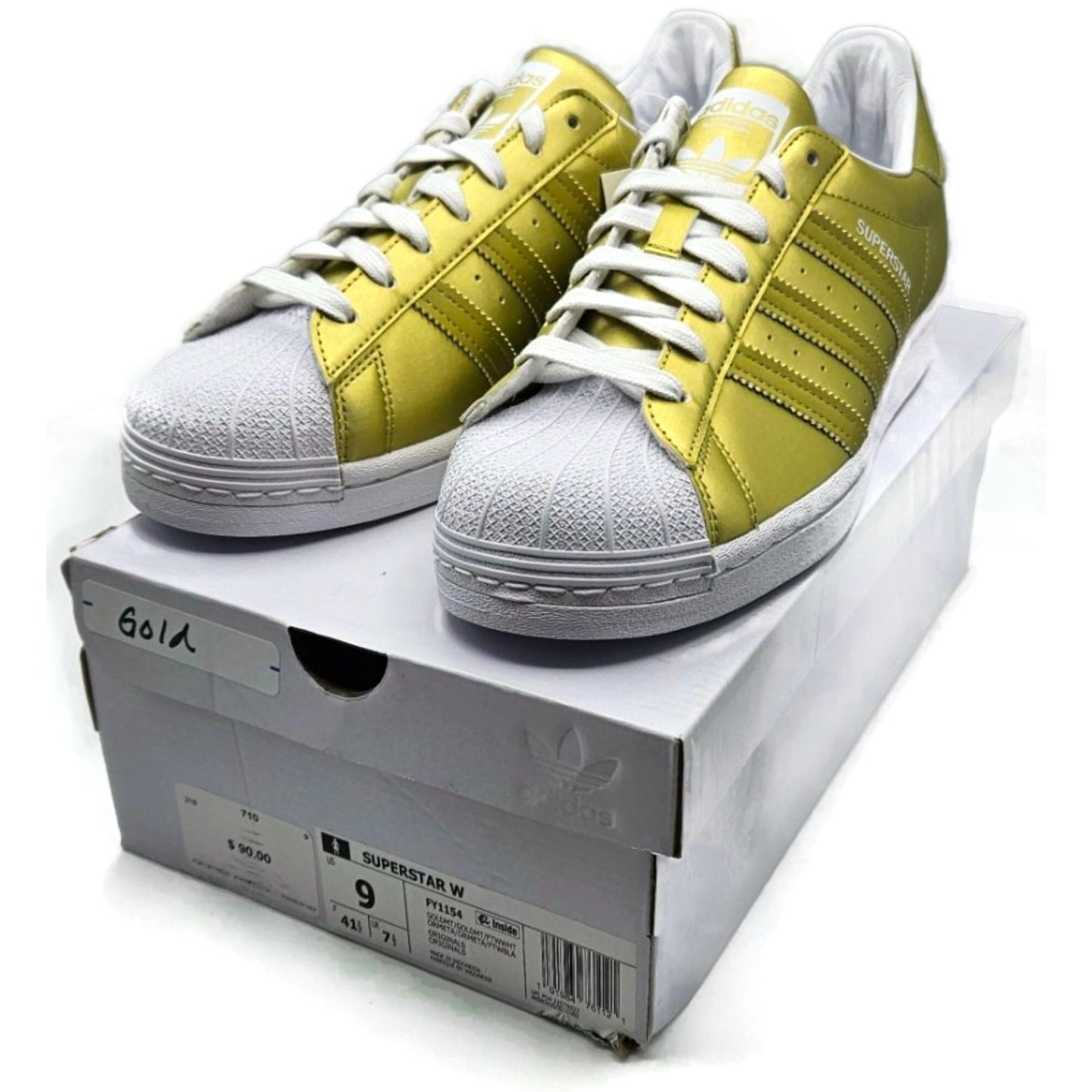 Adidas Superstar White Gold Metallic Leather Shoes Ladies Sz 9 Shell Toe FY1154