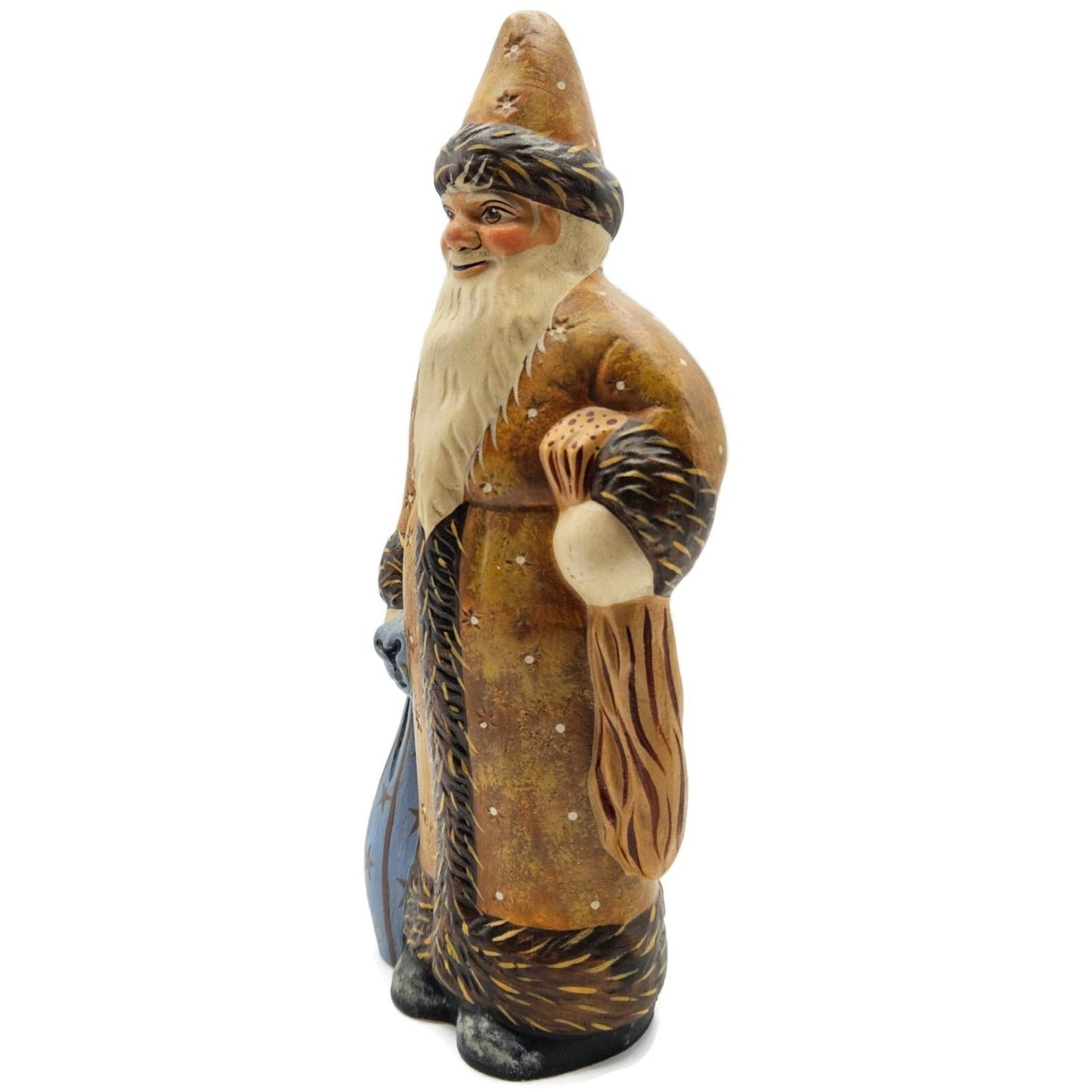 Vaillancourt Brown Father Christmas with Blue Sack Folk Art Chalkware Figurine