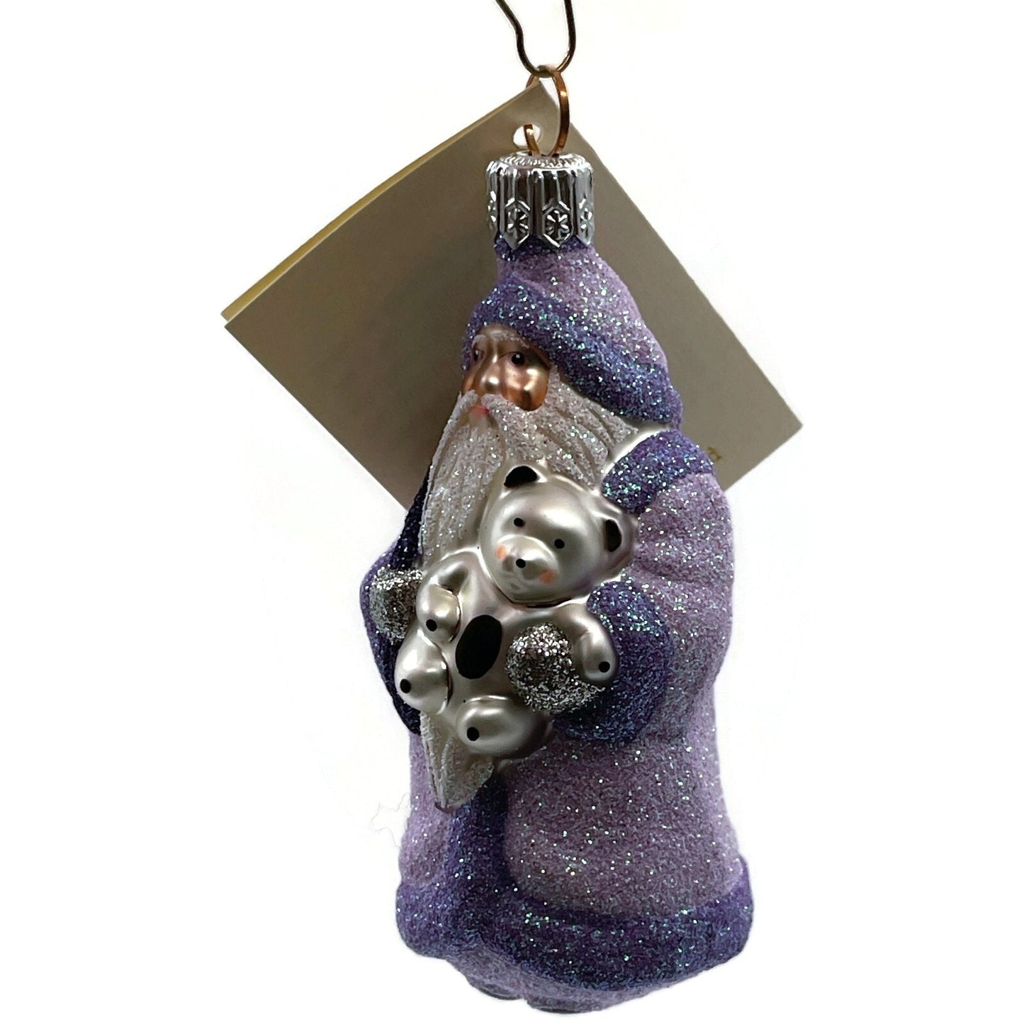 Patricia Breen Miniature Santa and Teddy Lavender Glittered Christmas Ornament