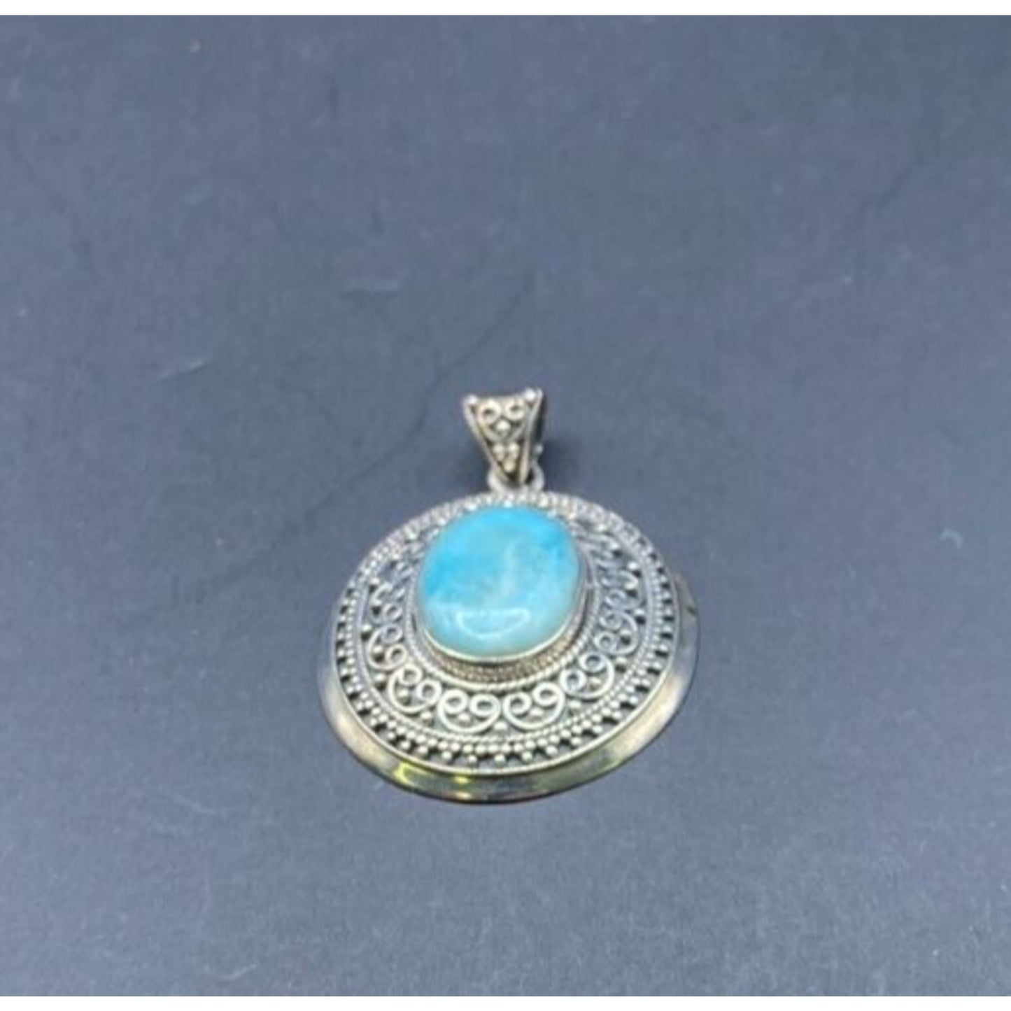 Blue Quartz Gemstone Pendant Oval Cabochon 925 Sterling Silver Filigree BJC