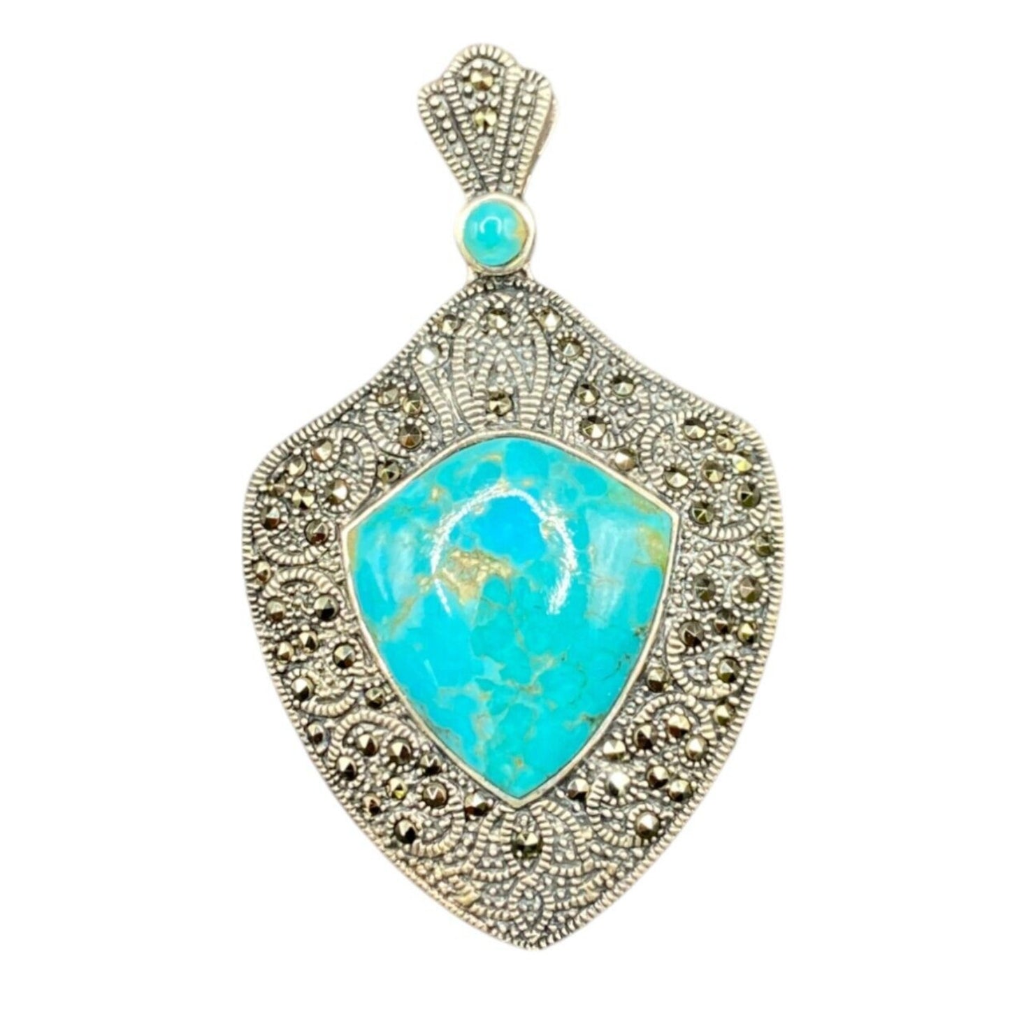 Turquoise Pendant Marcasite Ornament Sterling Silver Thailand Stamped