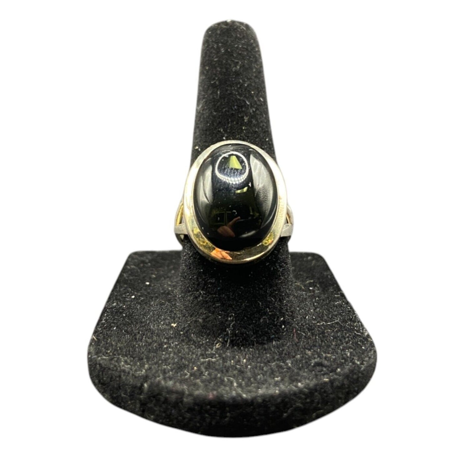 Black Onyx Cocktail Ring Oval Cabochon Gemstone Silver Tone Metal Size 7