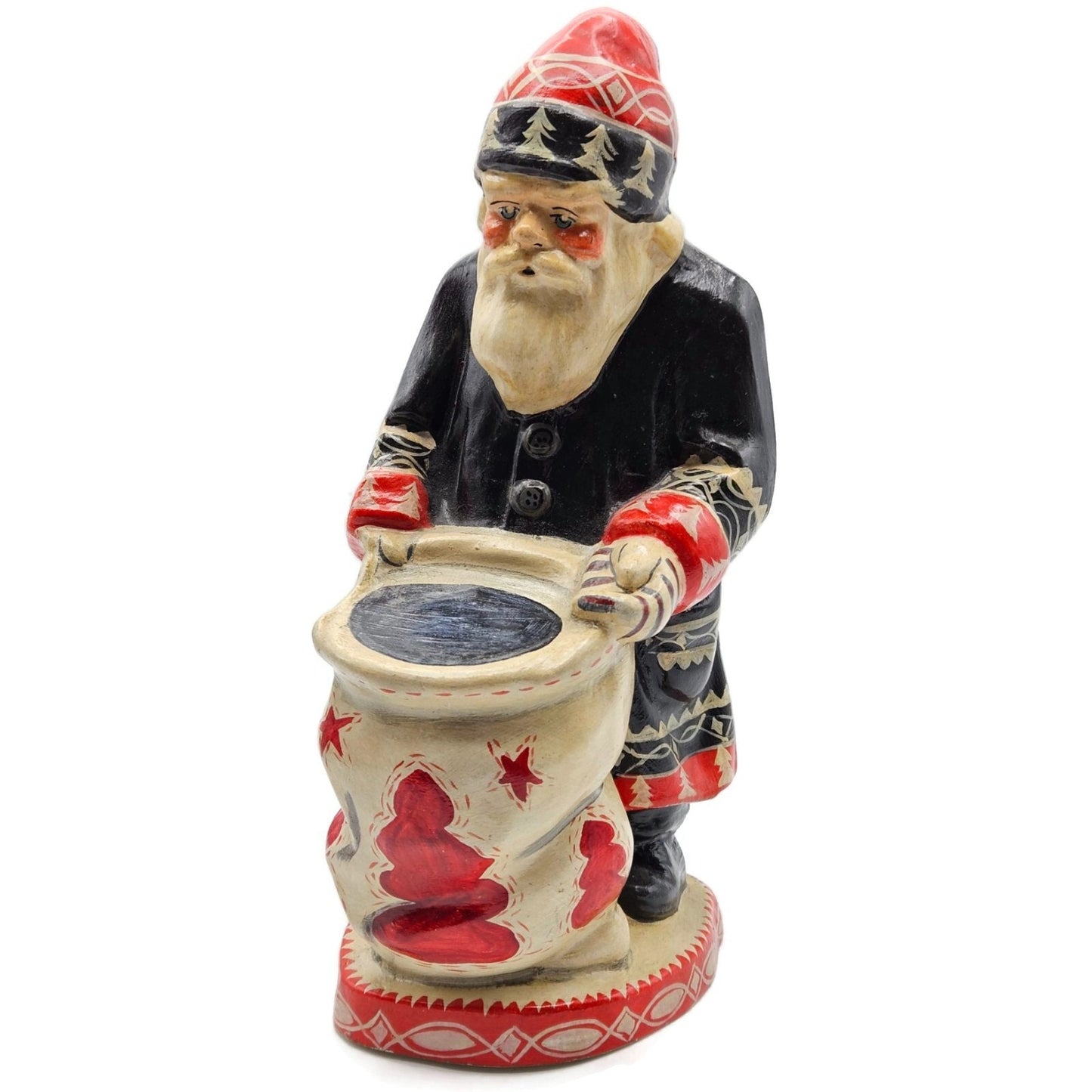 Vaillancourt Father Christmas Wearing Black Coat Red Work Sack Chalkware Folk