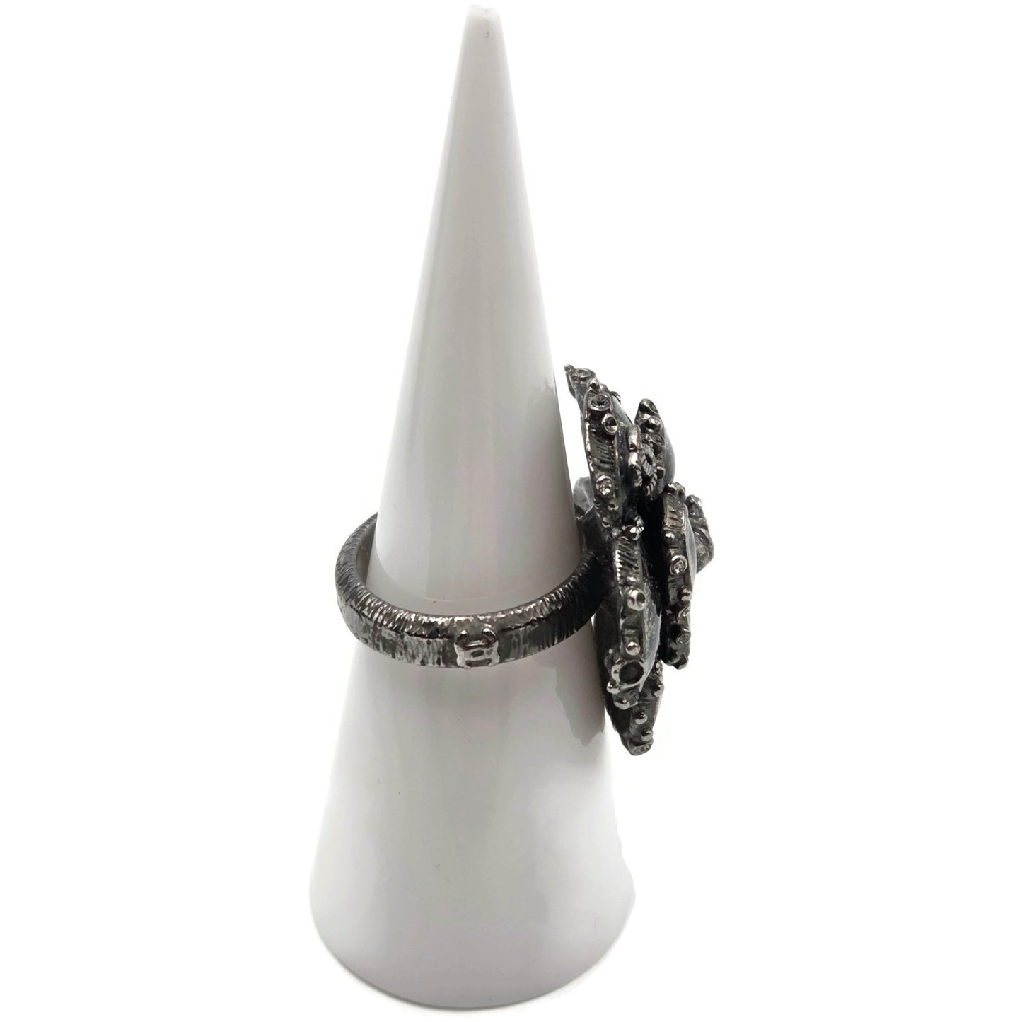 Chanel Camellia CC Ring Ruthenium Black Enamel Crystal EU 54 US 7 w/ Box 13P