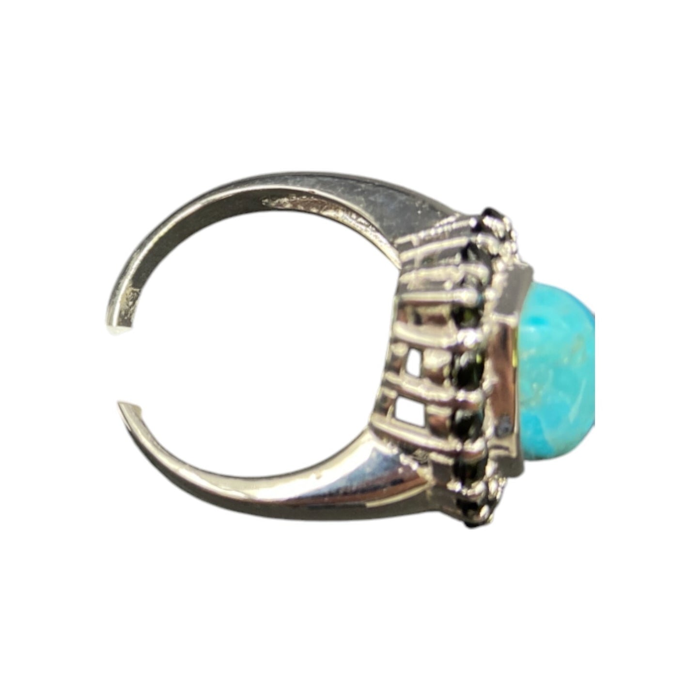 Turquoise Ring Teardrop Gemstone Black Rhinestone 925 Sterling Silver Size 7.5