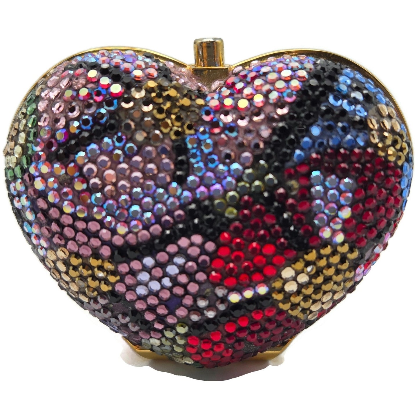 Judith Leiber Heart Crystal Pill Box Multicolor Pave Gold Tone Signed 2 inches