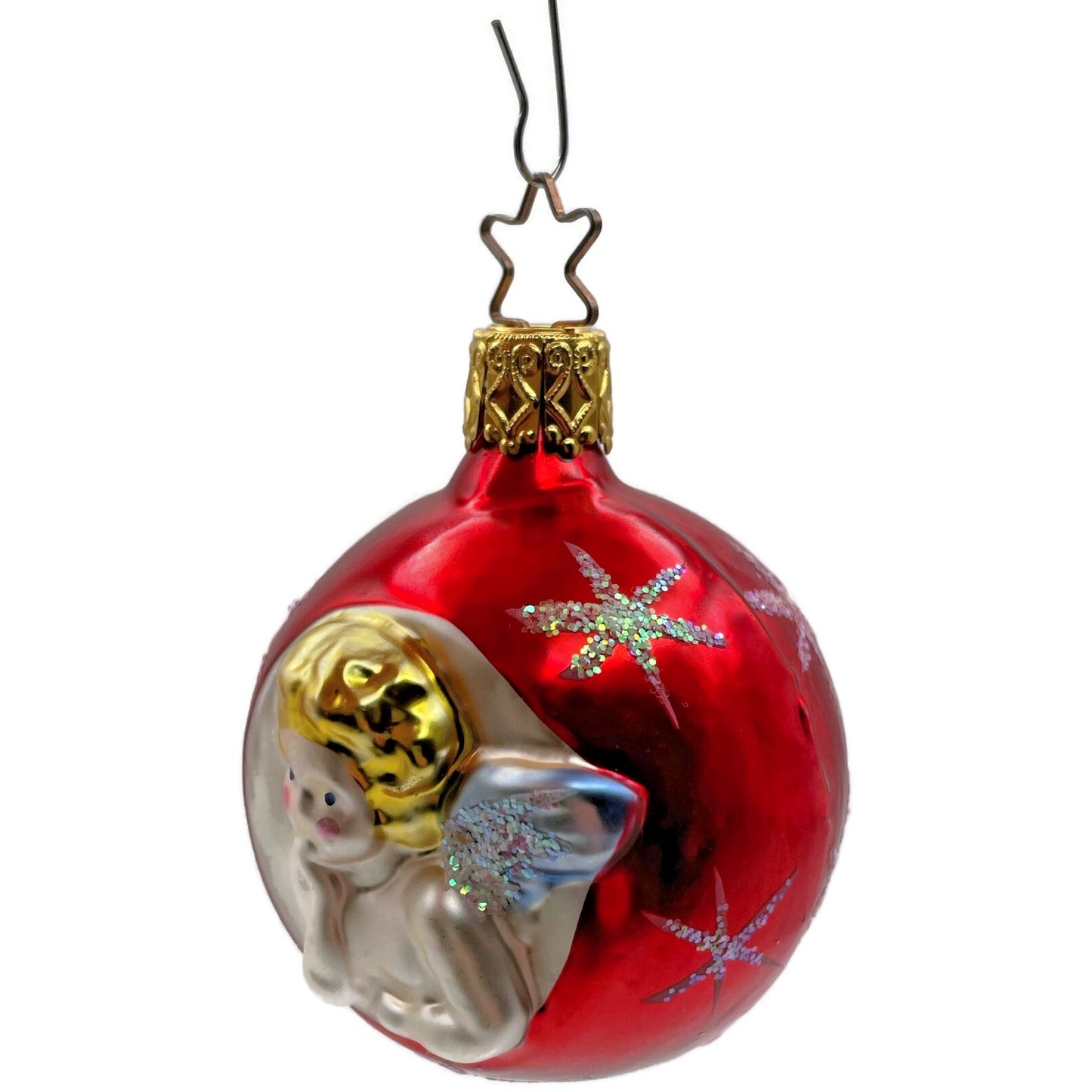 Inge Glass Ornament Cherub Angel Red Orb Stars Old World Christmas Tree Decor