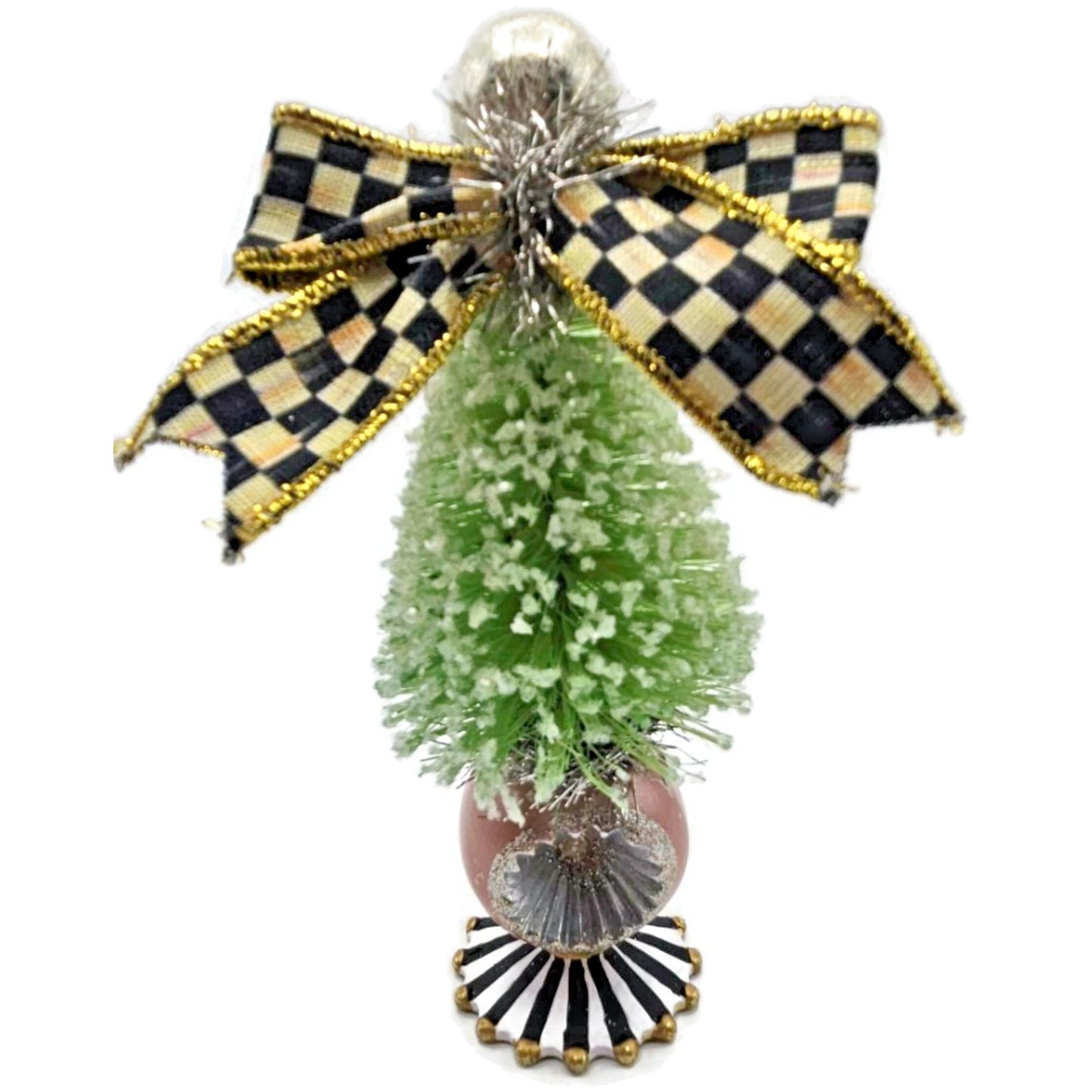 MacKenzie-Childs Home Sweet Snow Bottle Brush Tree Mini Green 6.5" Courtly Check