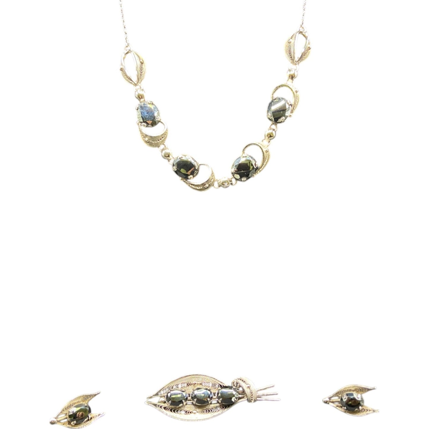 Sorrento 925 Sterling Silver Hematite Jewelry Set Necklace Brooch Earrings