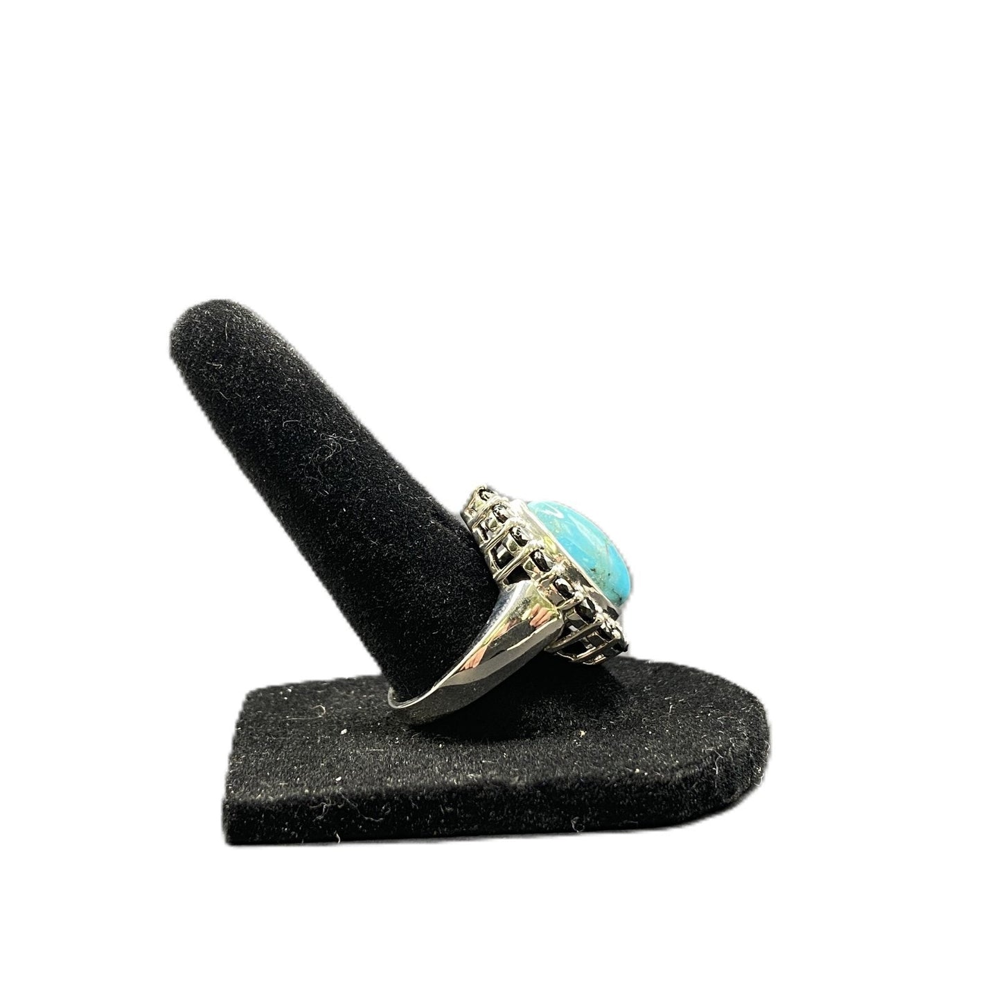 Turquoise Ring Teardrop Gemstone Black Rhinestone 925 Sterling Silver Size 7.5