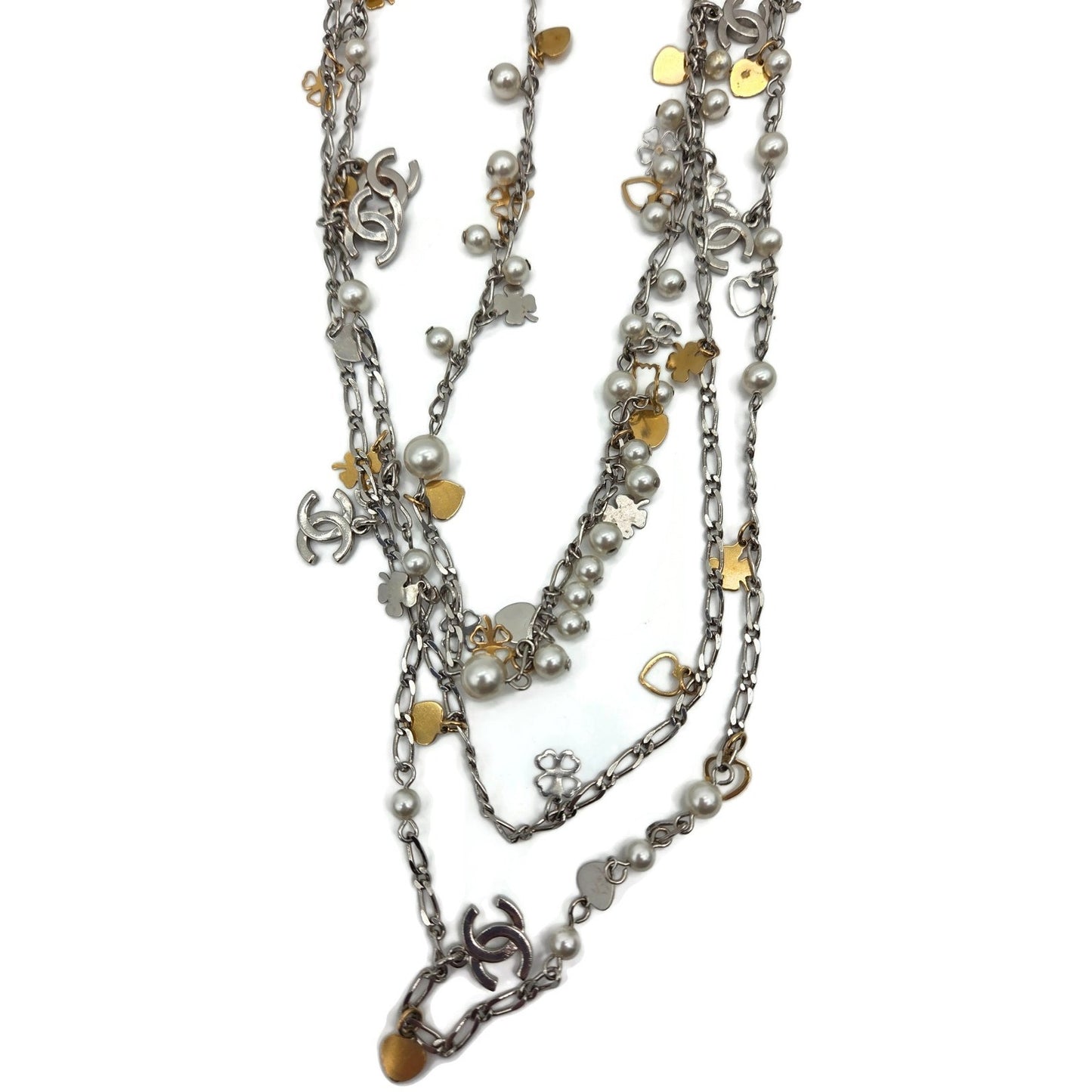 CoCo Chanel Three Strand Chain Hearts Clover Faux Pearl CC Logo Charm Necklace