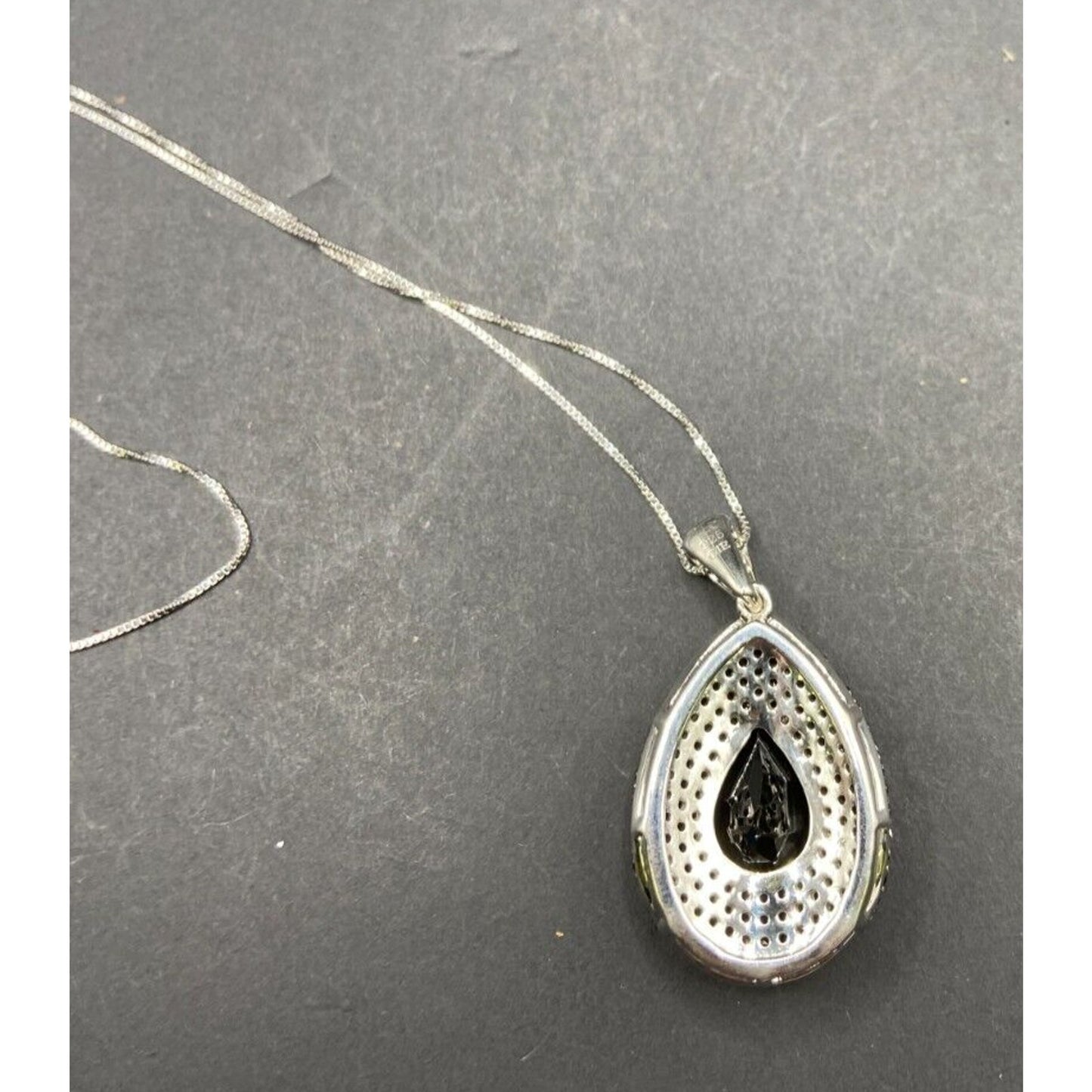 Black Onyx Teadrop Pendant Marcasite 925 Sterling Silver Box Chain Necklace GIE