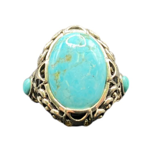 Turquoise Ring Sterling Silver NK Oval Ornate Semi Precious Stone Blue 7.75