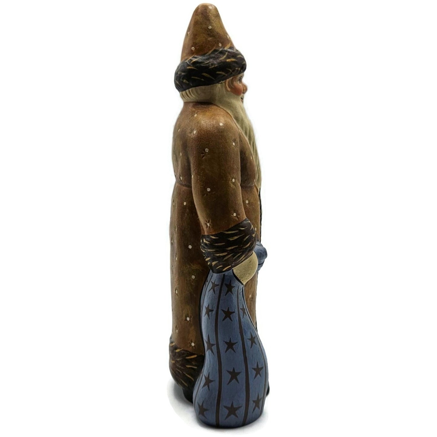 Vaillancourt Brown Father Christmas with Blue Sack Folk Art Chalkware Figurine