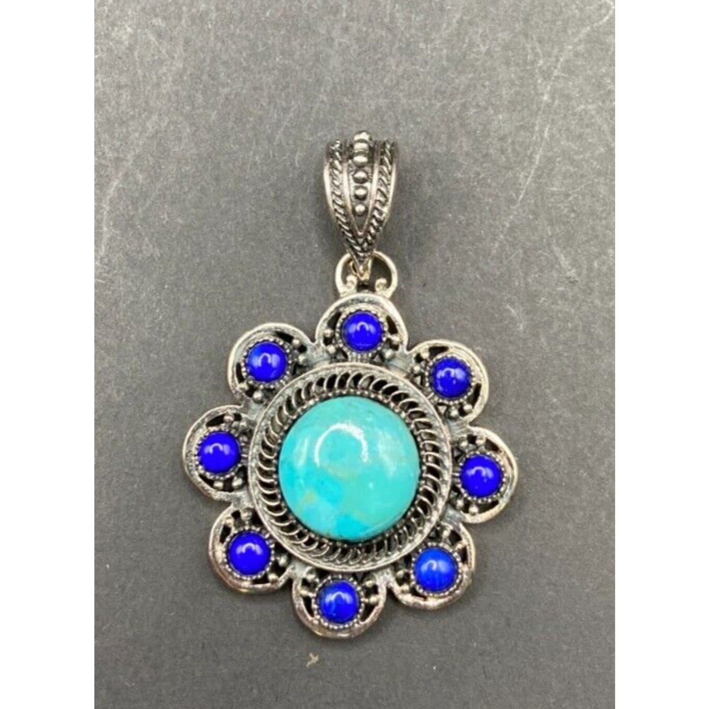 Turquoise Lapis Lazuli Pendant Crystal Stone Flower Silver Tone Metal Filigree