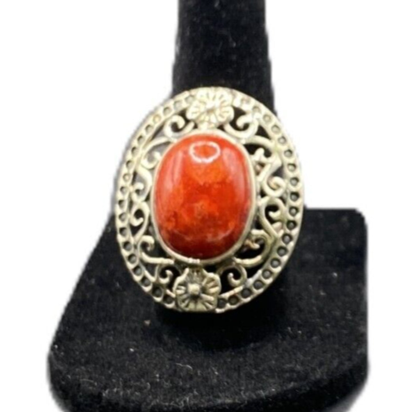 925 Sterling Silver Ring Sponge Coral Filigree Orange Oval Gemstone Size 7