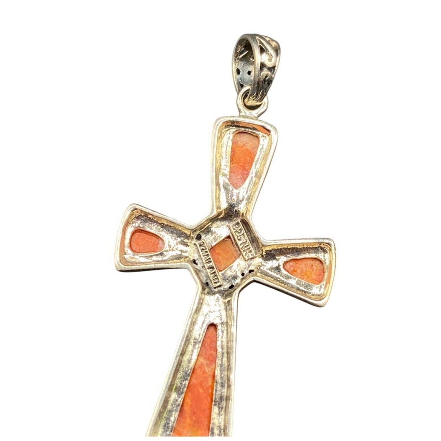 Sponge Coral Orange Stone Cross Pendant 925 Sterling Silver Crystal NK Thailand
