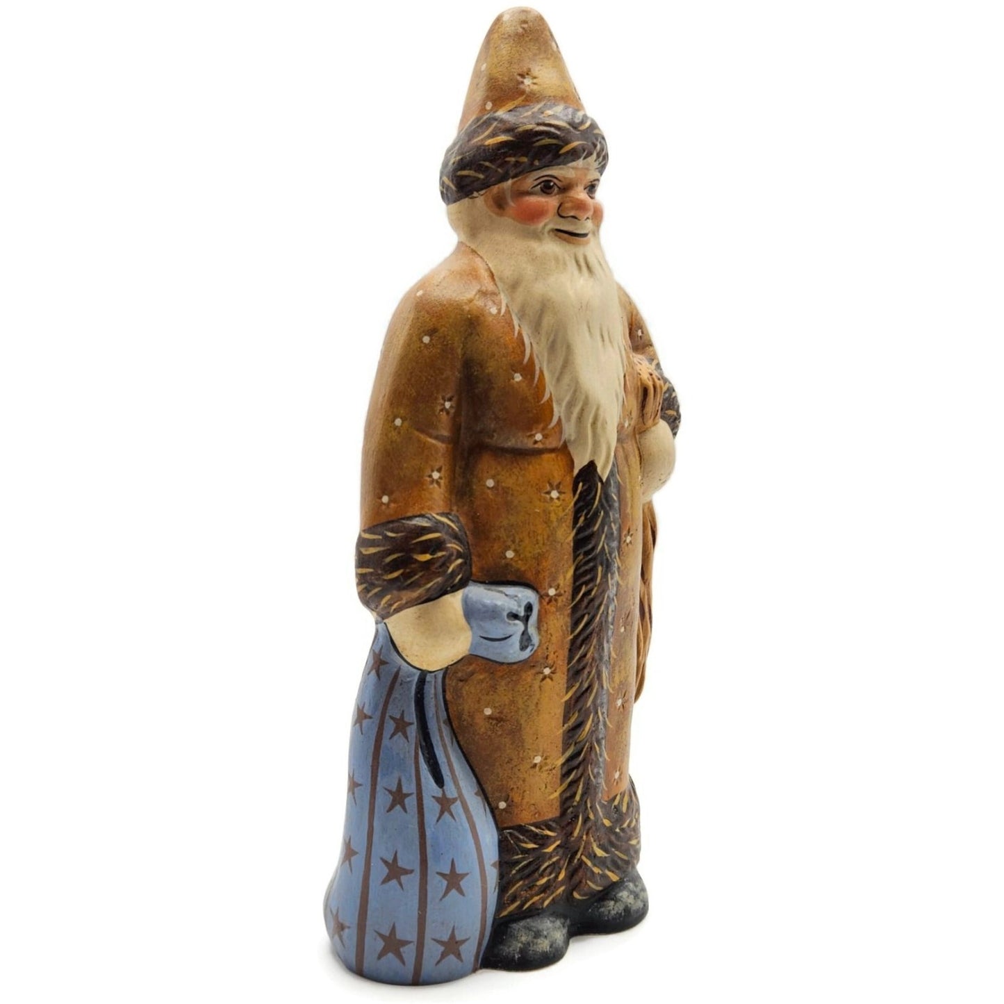 Vaillancourt Brown Father Christmas with Blue Sack Folk Art Chalkware Figurine