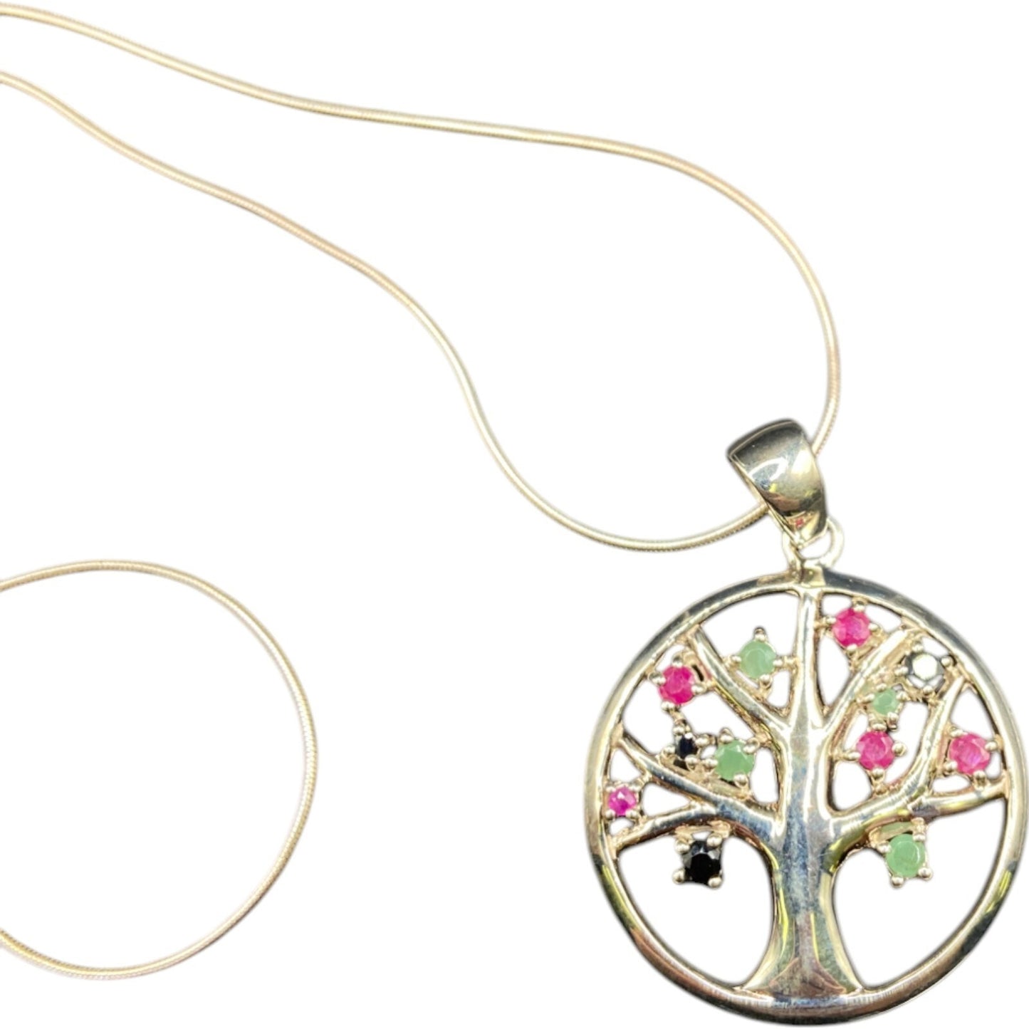 Tree Of Life Pendant Multicolor Stones Snake Chain Necklace 925 Sterling Silver