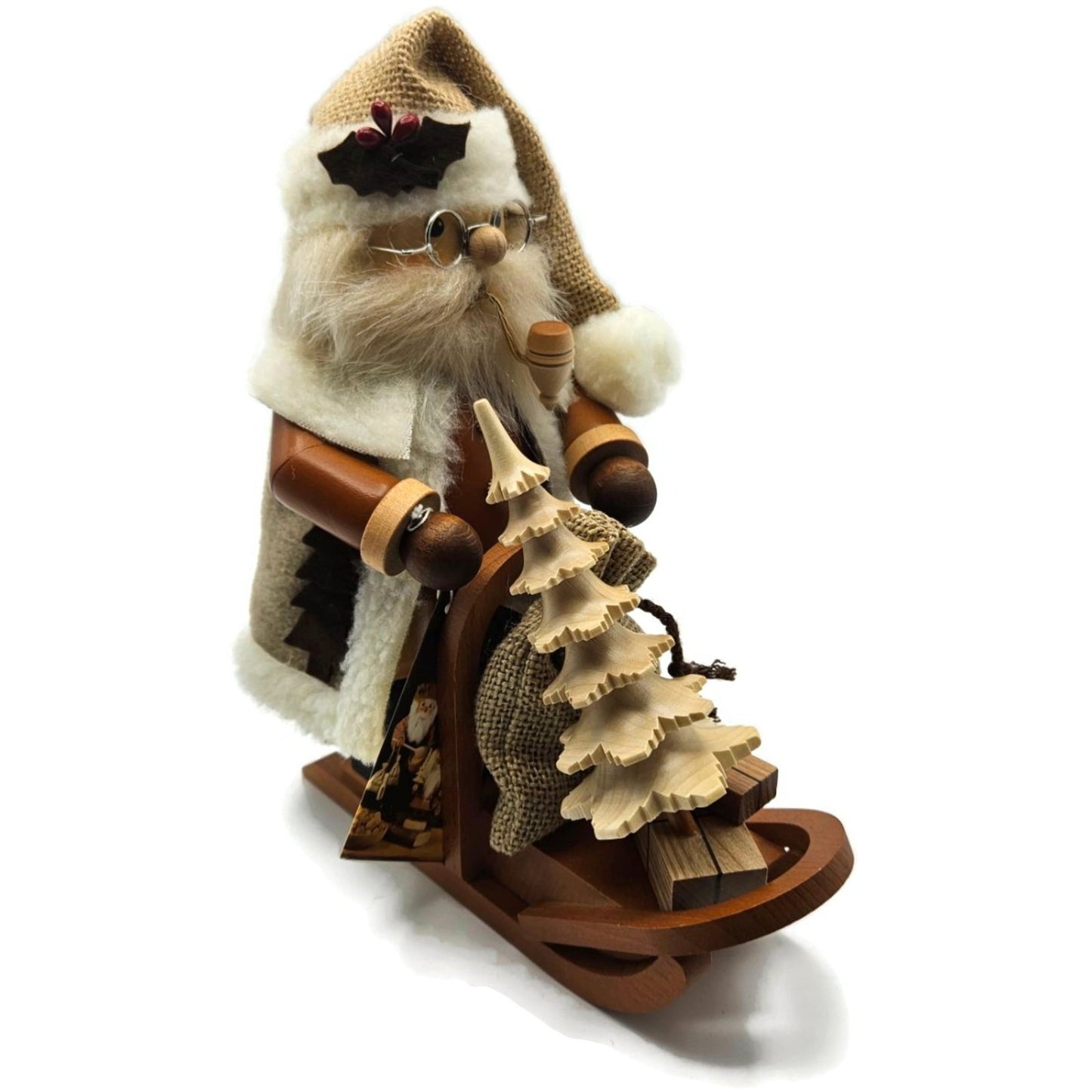 Christian Ulbricht Natural Santa on Sled Smoker Handcrafted Germany Wooden Figur