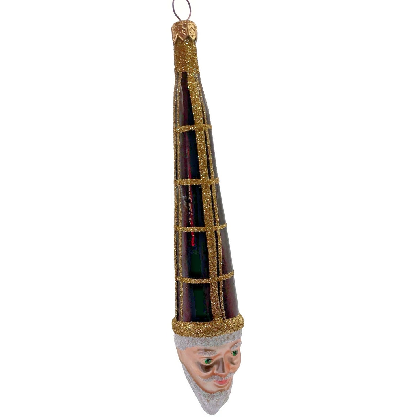 Patricia Breen Winter Wizard Bordeaux Plaid Gold Santa Head Christmas Ornament