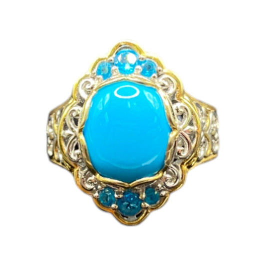 Sleeping Beauty Turquoise Precious Stone Sterling Silver Ring Two Tone Filigree