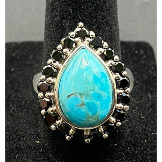 Turquoise Ring Teardrop Gemstone Black Rhinestone 925 Sterling Silver Size 7.5