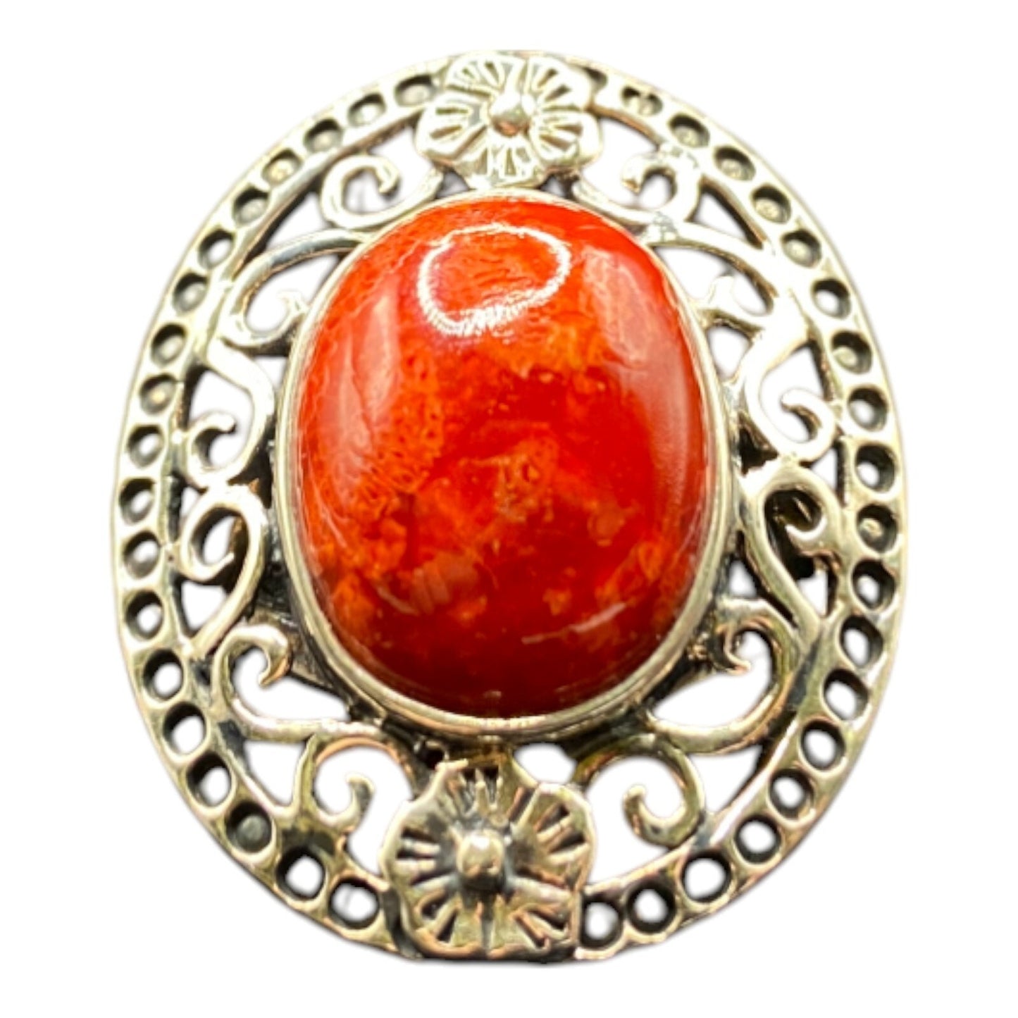 925 Sterling Silver Ring Sponge Coral Filigree Orange Oval Gemstone Size 7
