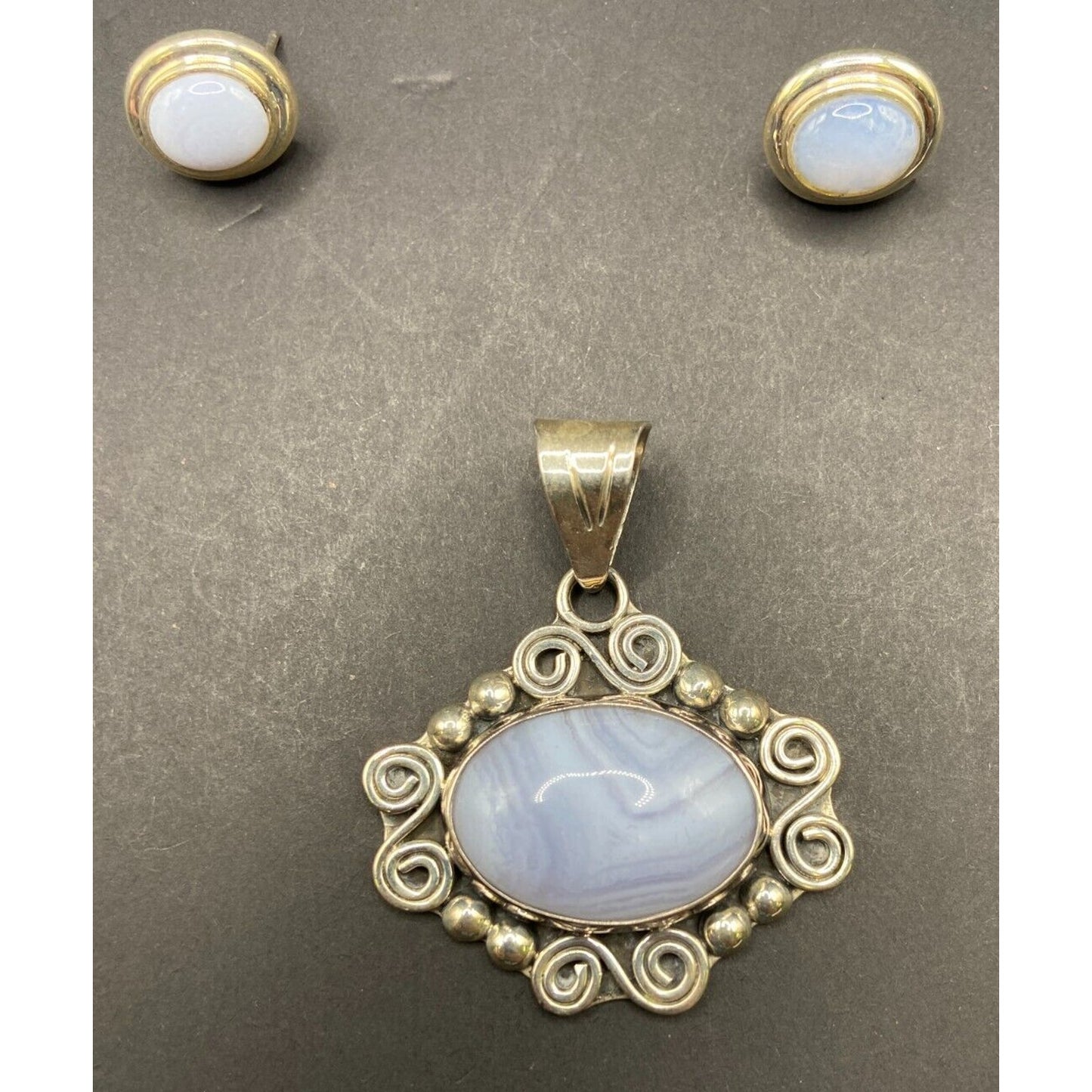 Blue Lace Agate Pendant Stud Earrings Set Marbled Stone 925 Sterling Silver CII