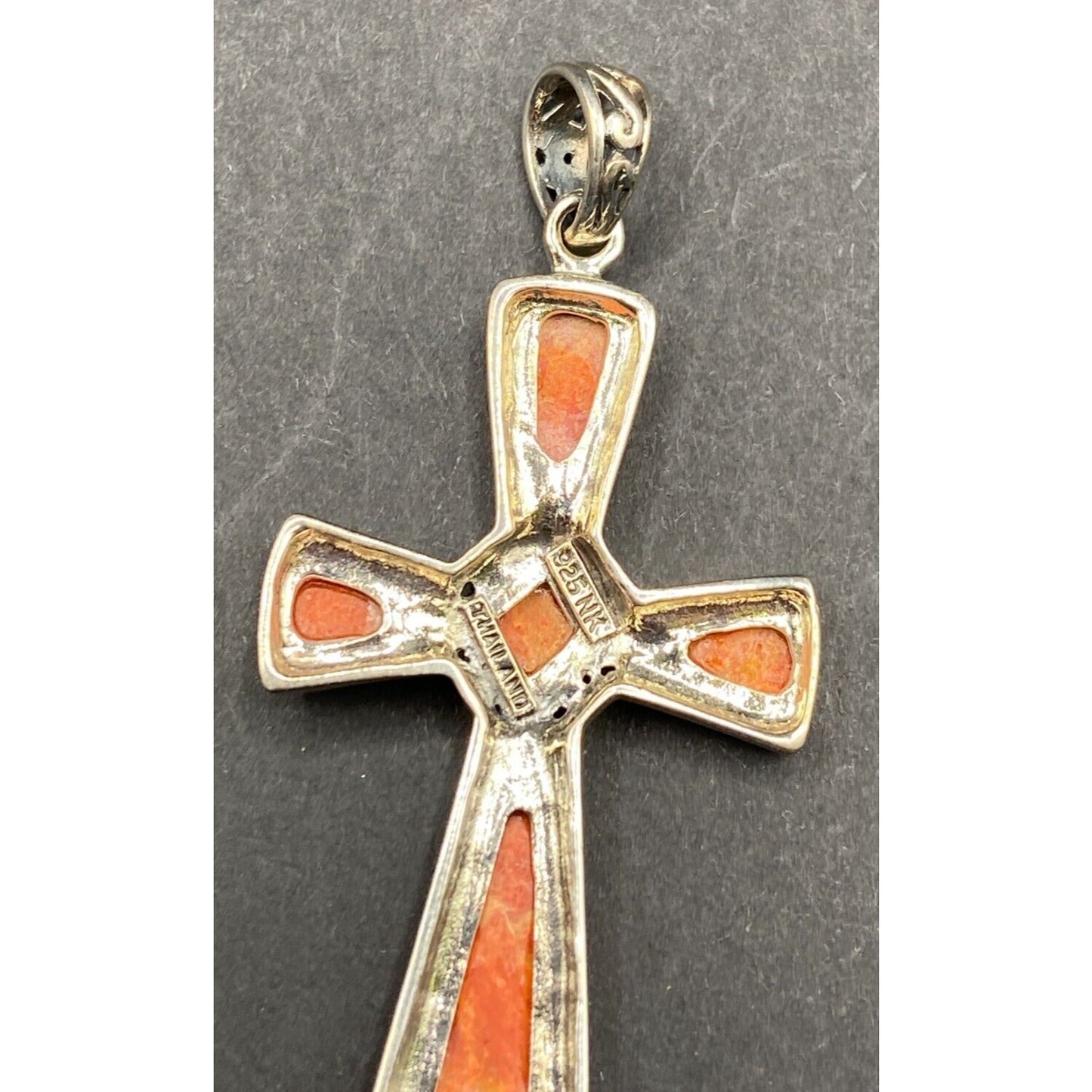Sponge Coral Orange Stone Cross Pendant 925 Sterling Silver Crystal NK Thailand