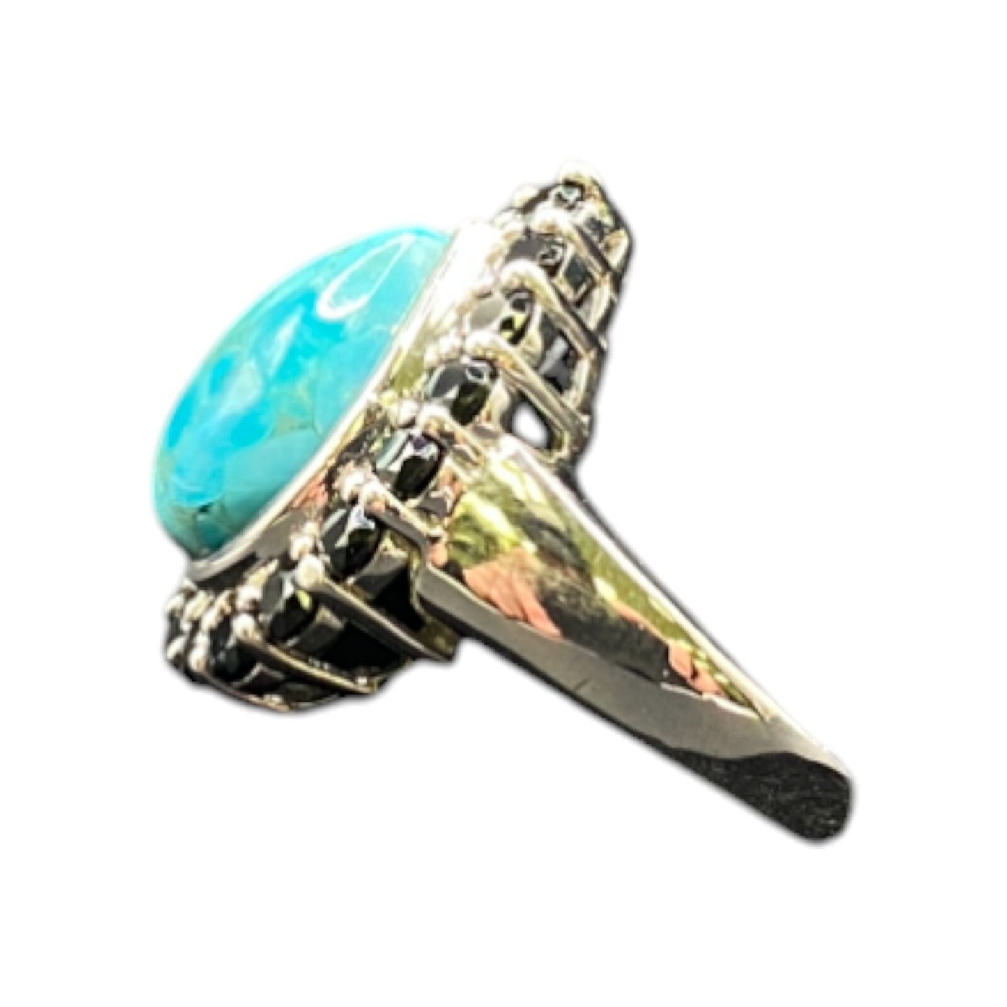 Turquoise Ring Teardrop Gemstone Black Rhinestone 925 Sterling Silver Size 7.5