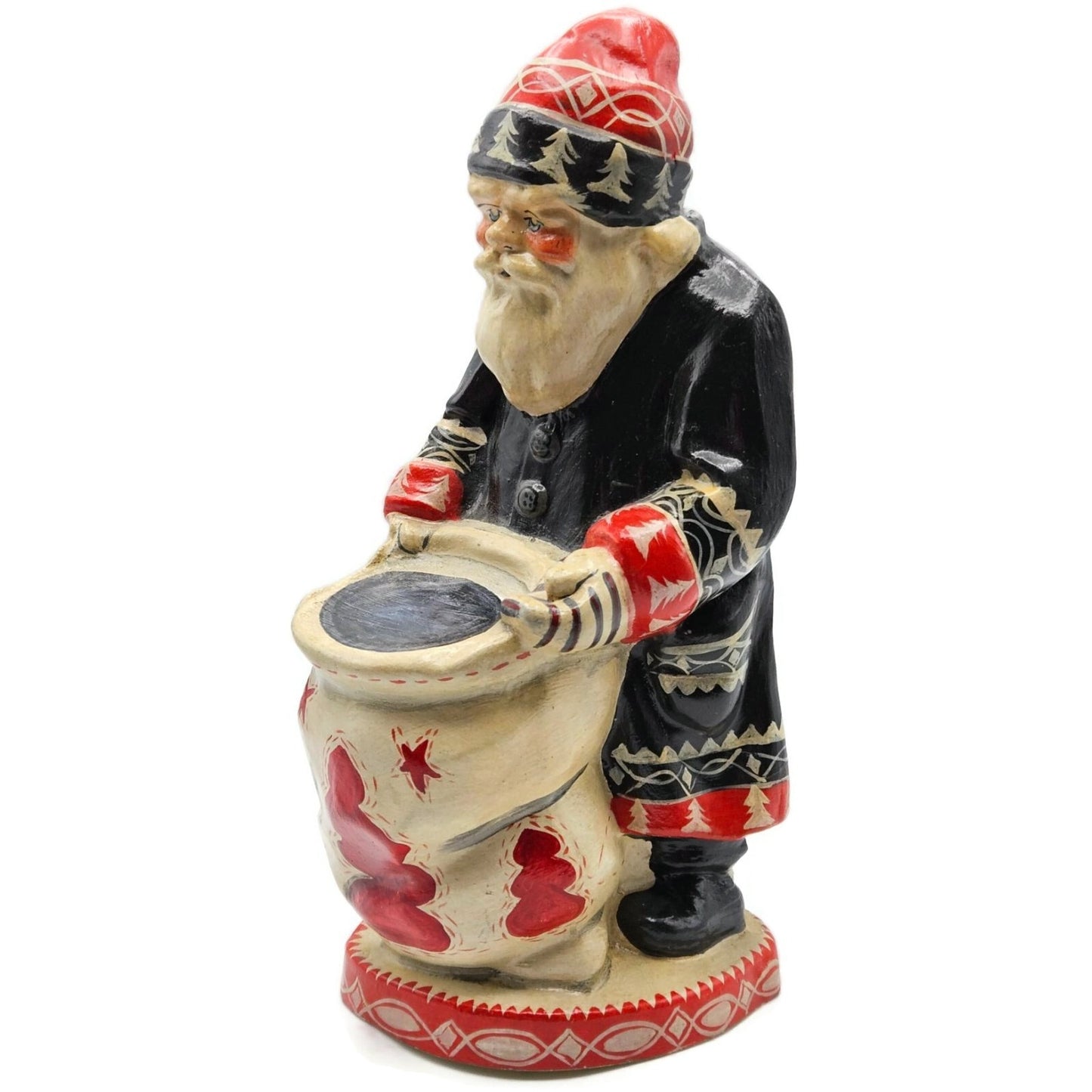Vaillancourt Father Christmas Wearing Black Coat Red Work Sack Chalkware Folk