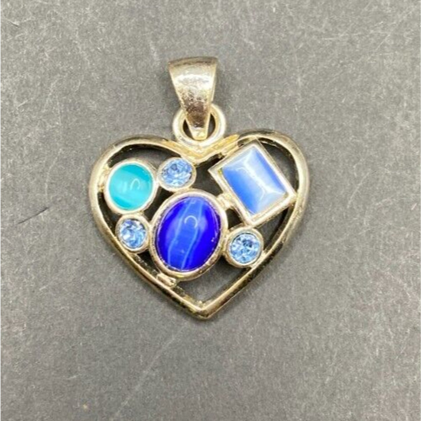 Heart Shaped Pendant Lapis Lazuli Blue Mixed Gemstones Silver Tone Metal