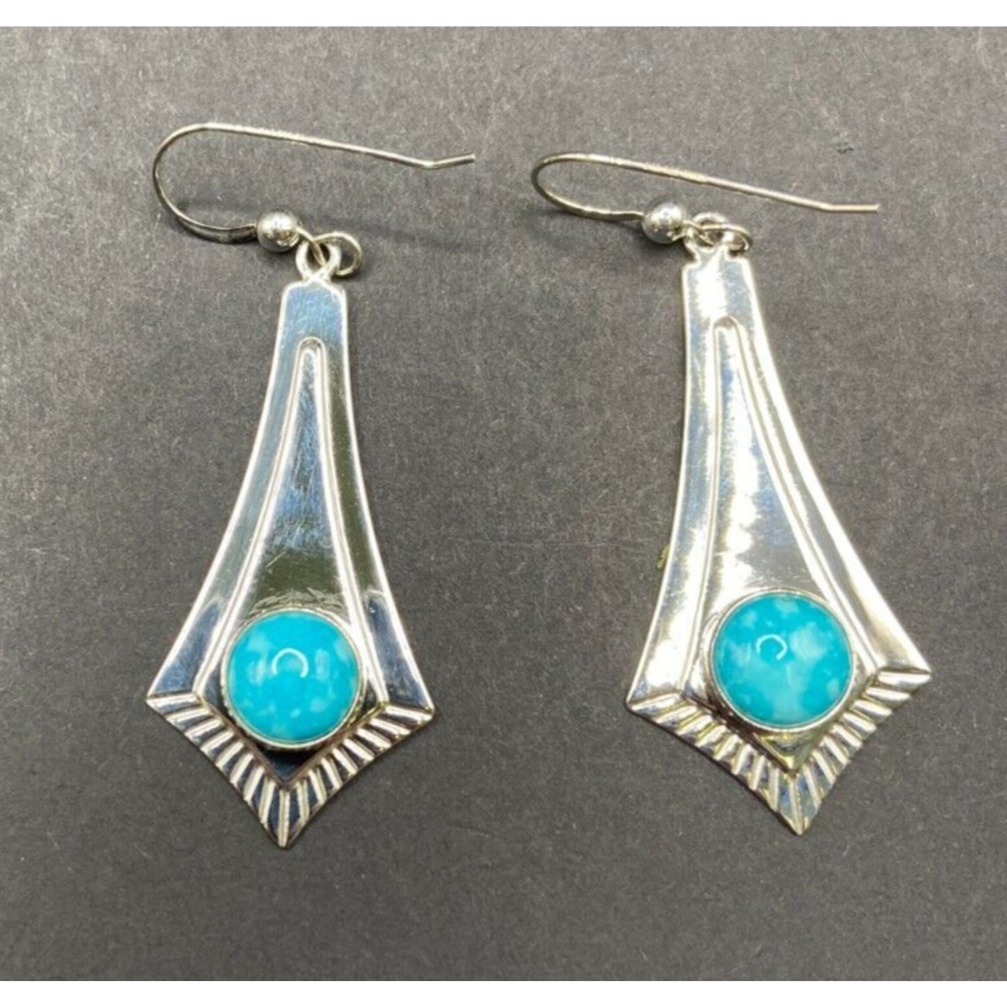 Turquoise Fish Hook Dangle Earrings Round Gemstone Silver Tone Metal