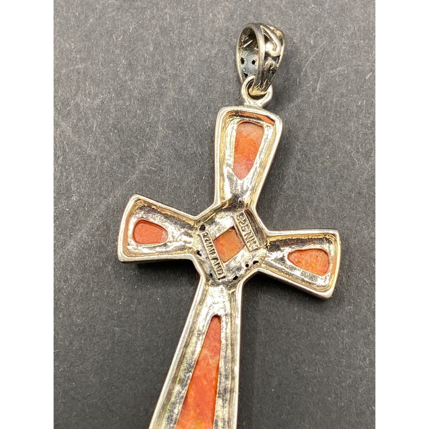 Sponge Coral Orange Stone Cross Pendant 925 Sterling Silver Crystal NK Thailand