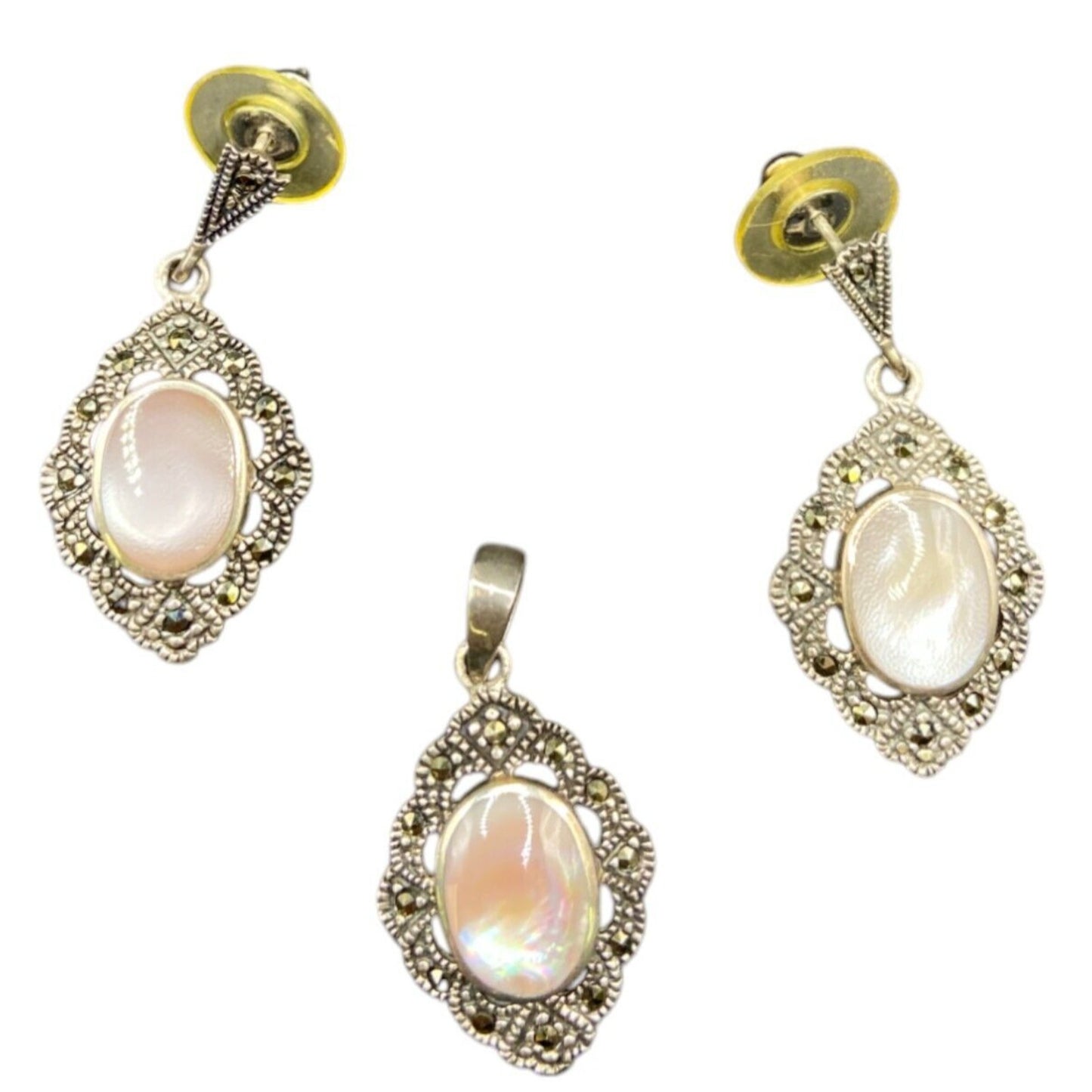 Mother Of Pearl Oval Pendant Earrings Set Marcasite Crystal 925 Sterling Silver