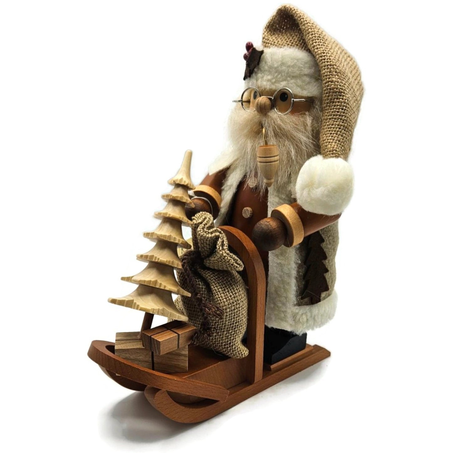Christian Ulbricht Natural Santa on Sled Smoker Handcrafted Germany Wooden Figur