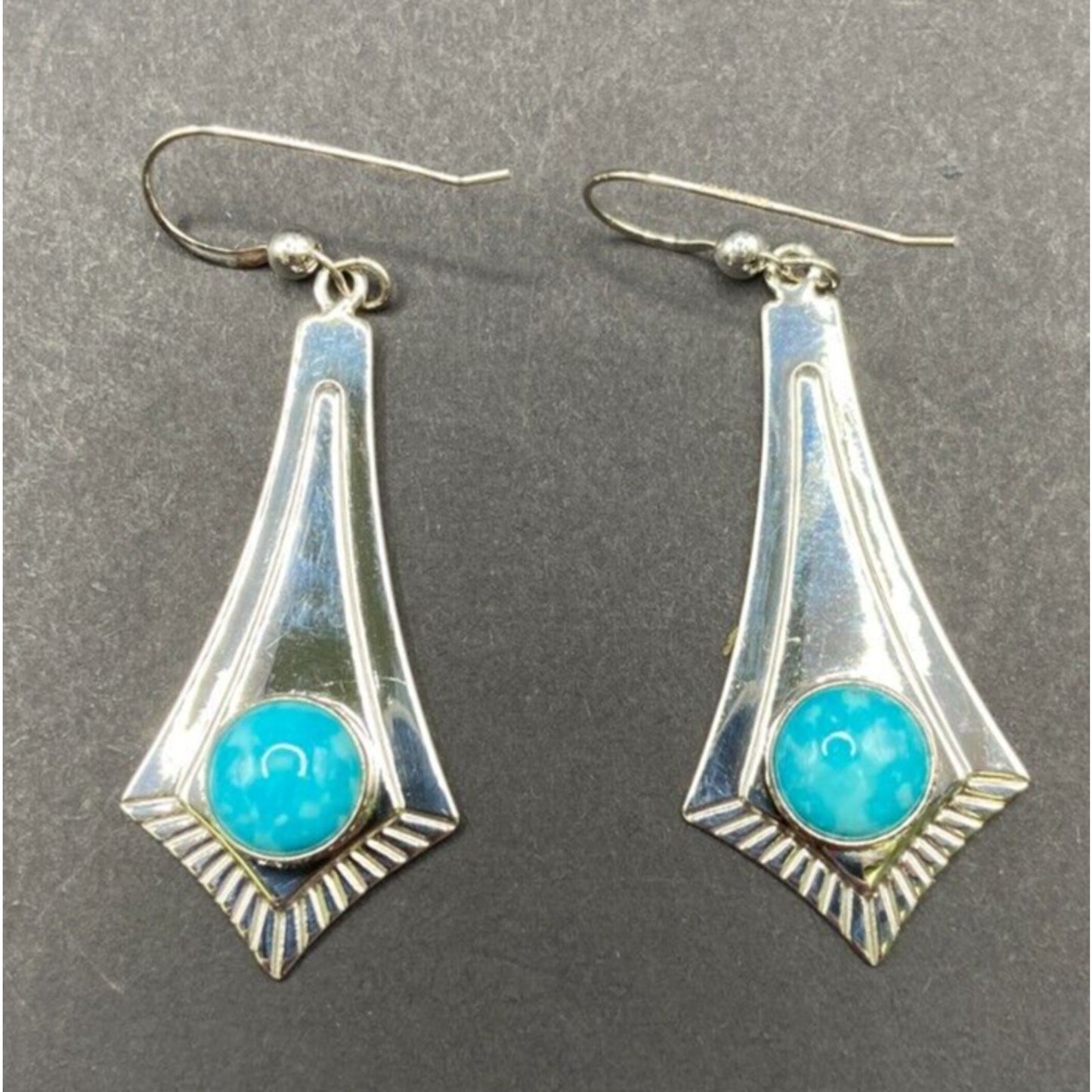 Turquoise Fish Hook Dangle Earrings Round Gemstone Silver Tone Metal